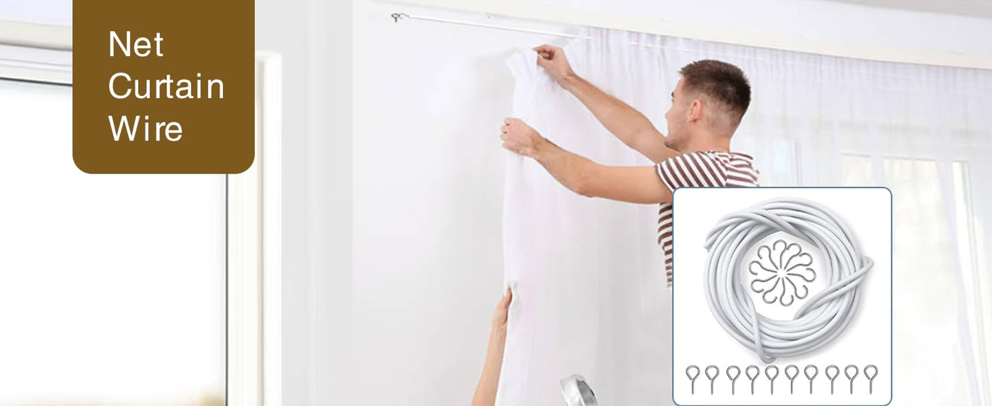 CyanCloud White Curtain Wire 8 Meter Curtain Wire with 10 Hooks & 10 Eyes, Durable Window Net Curtain Wire for Net Curtain Rods Clothesline Hanging