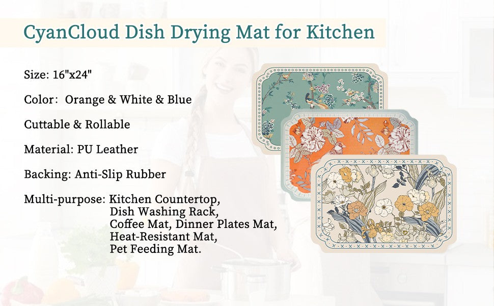 Dish Drying Mat XL 24"x16" Dish Mat Drying Kitchen Mat with Non-slip Rubber Backed, Dish Drying Pad Super Absorbent for Kitchen Counter, Coffee Bar, Bathroom Sink, Dish Drying Rack Mat, Orange