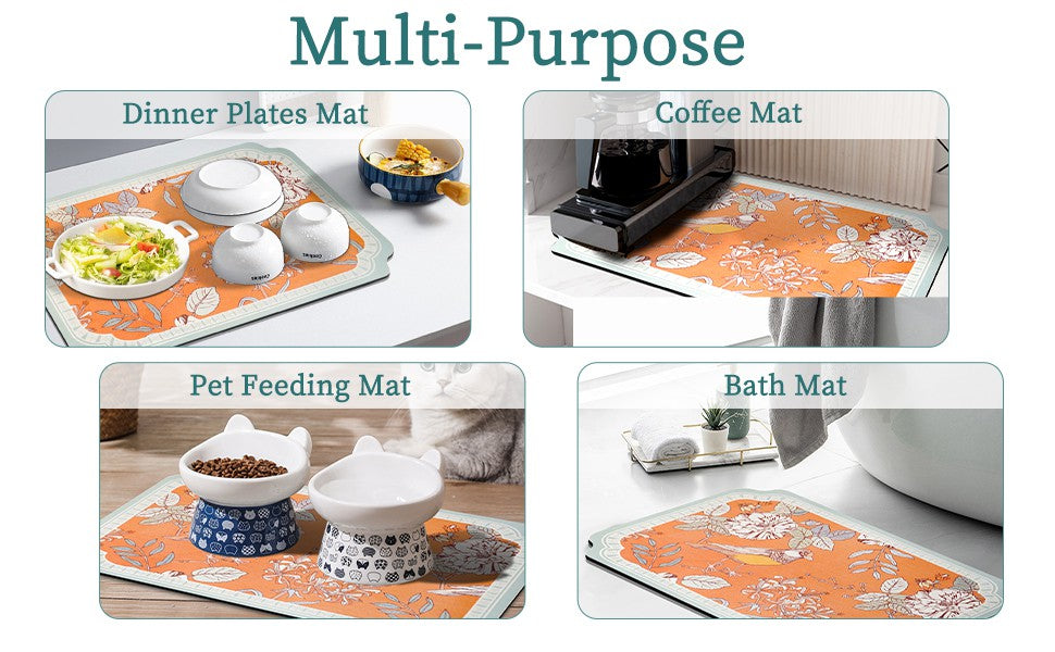 Dish Drying Mat XL 24"x16" Dish Mat Drying Kitchen Mat with Non-slip Rubber Backed, Dish Drying Pad Super Absorbent for Kitchen Counter, Coffee Bar, Bathroom Sink, Dish Drying Rack Mat, Orange