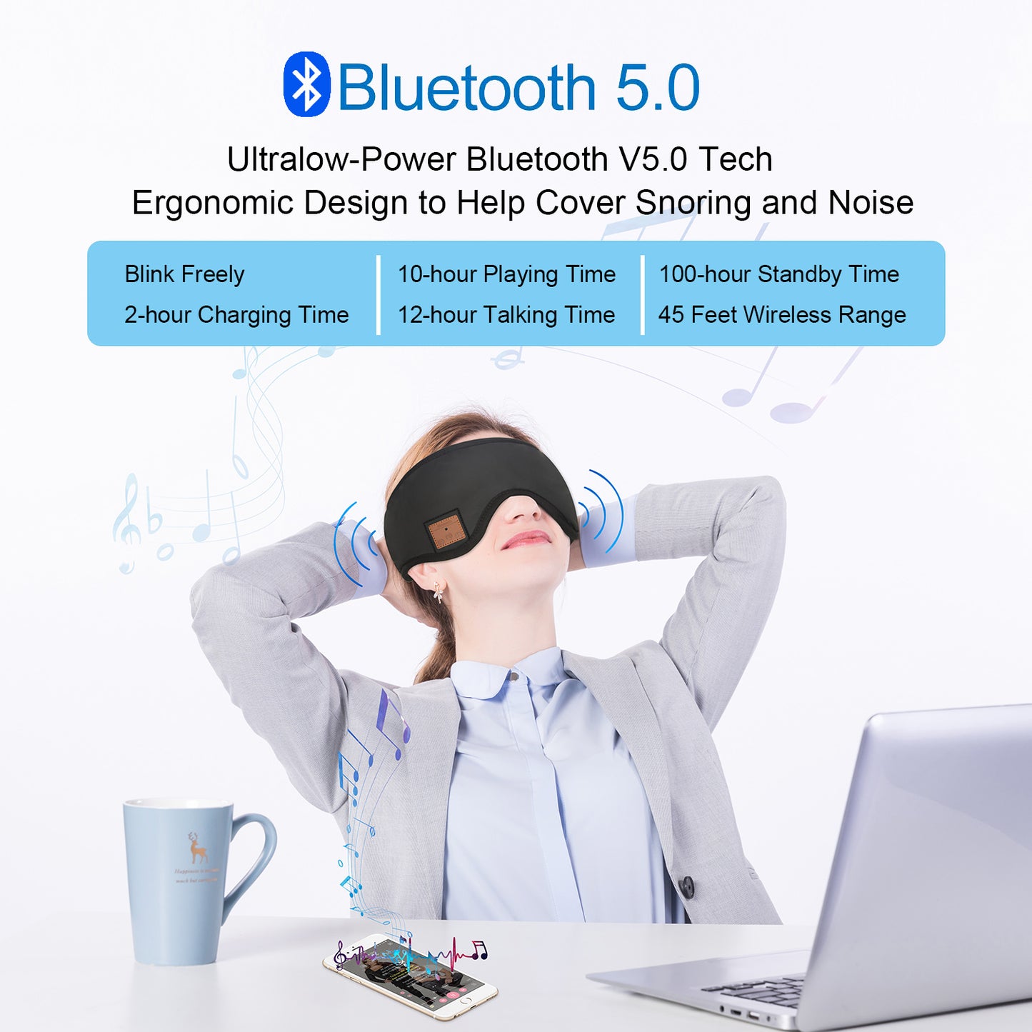 CyanCloud Wireless Eye Mask, Bluetooth Sleep Mask, Sleep Headphone, Handsfree Adjustable Washable Headphones, Built-in Speakers Microphone, for Air Travel, Sleeping, Meditation, AMSR and Insomnia