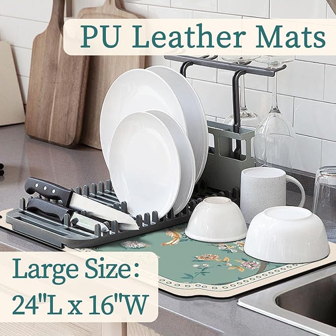 Dish Drying Mat XL 24"x16" Dish Mat Drying Kitchen Mat with Non-slip Rubber Backed, Dish Drying Pad Super Absorbent for Kitchen Counter, Coffee Bar, Bathroom Sink, Dish Drying Rack Mat Blue