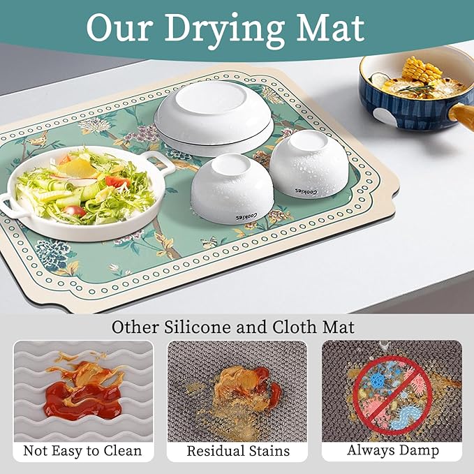 Dish Drying Mat XL 24"x16" Dish Mat Drying Kitchen Mat with Non-slip Rubber Backed, Dish Drying Pad Super Absorbent for Kitchen Counter, Coffee Bar, Bathroom Sink, Dish Drying Rack Mat Blue