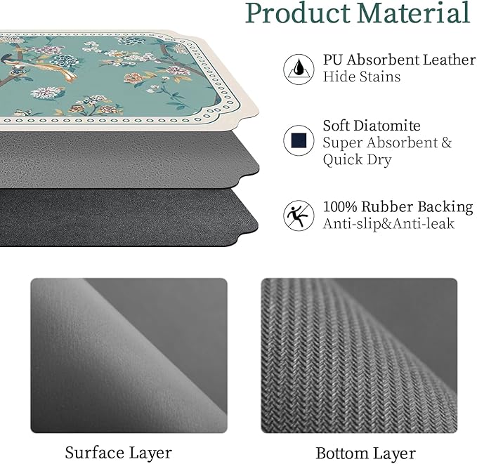 Dish Drying Mat XL 24"x16" Dish Mat Drying Kitchen Mat with Non-slip Rubber Backed, Dish Drying Pad Super Absorbent for Kitchen Counter, Coffee Bar, Bathroom Sink, Dish Drying Rack Mat Blue