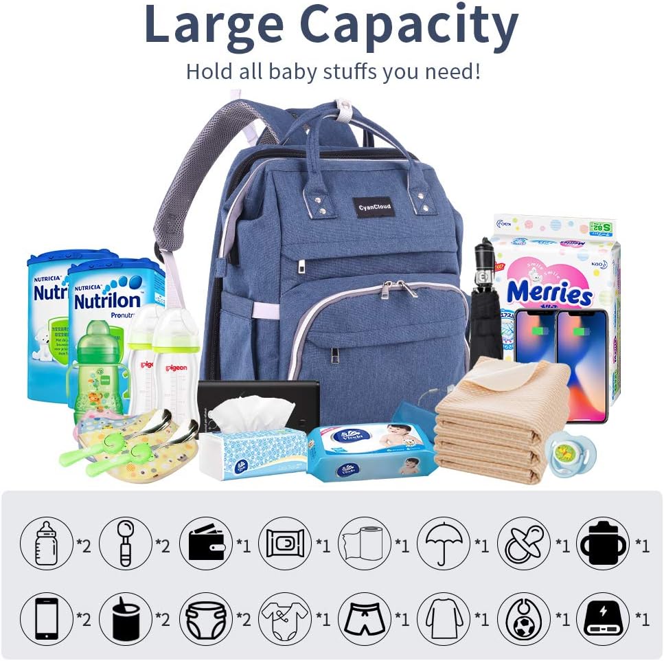 CyanCloud Diaper Bag Backpack, Baby Diaper Bag with Changing Station and Pacifier Case, Large Capacity Diaper Bags for Baby Boy Baby Girl, Waterproof, Dark Blue