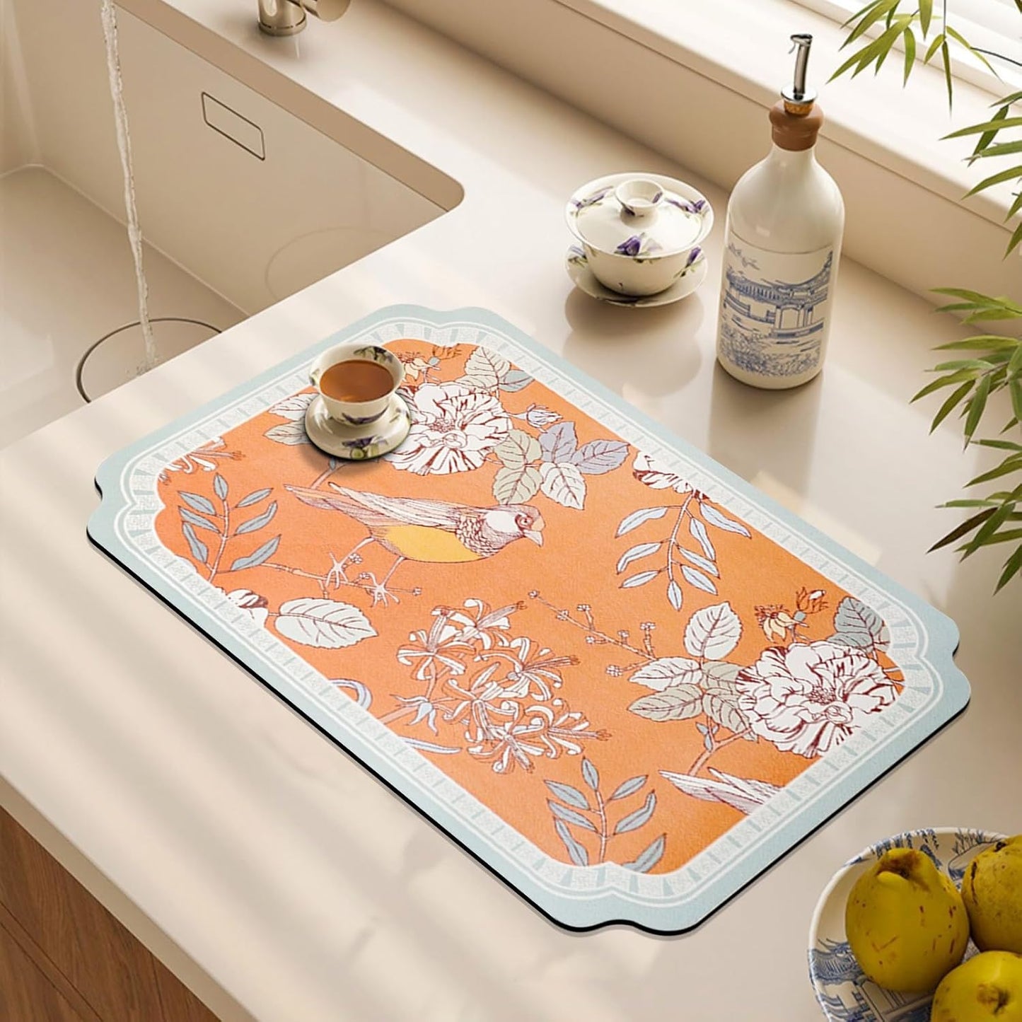 Dish Drying Mat XL 24"x16" Dish Mat Drying Kitchen Mat with Non-slip Rubber Backed, Dish Drying Pad Super Absorbent for Kitchen Counter, Coffee Bar, Bathroom Sink, Dish Drying Rack Mat, Orange