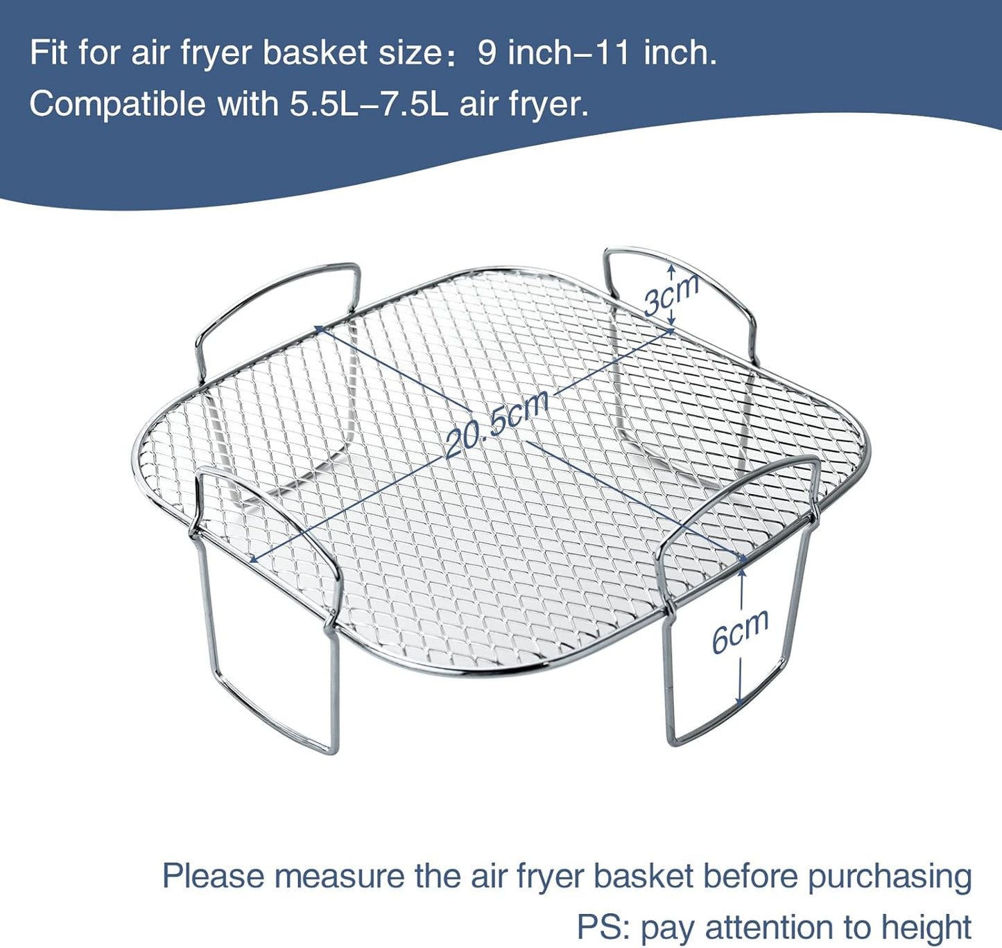 Air Fryer Rack for COSORI 5.5L Air Fryer Accessories 304 Stainless Steel 8 Inch Fryer Racks for Gourmia, Tower, Instant Vortex Dehydrator Rack Air Fryer Shelf with Clip Brush