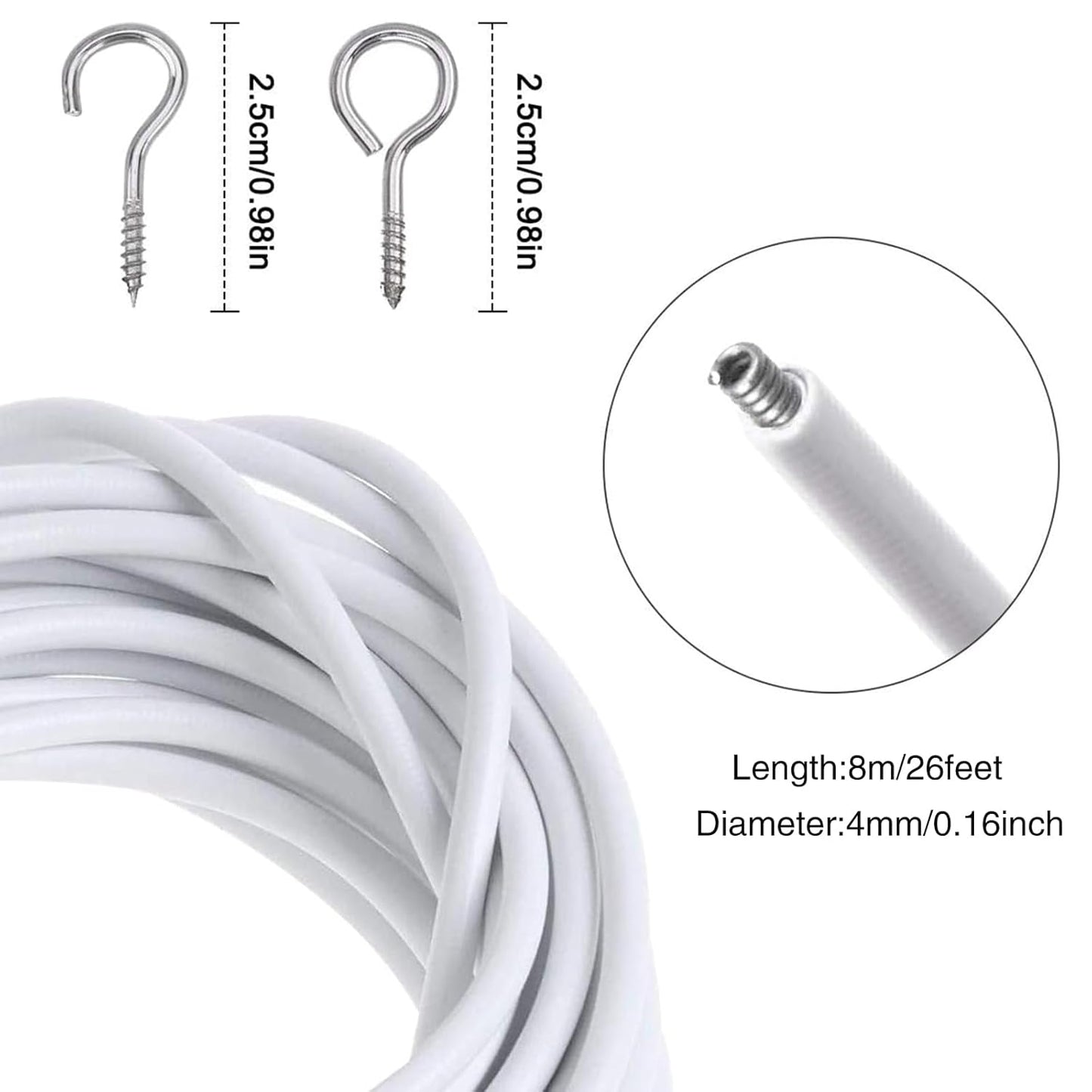 CyanCloud White Curtain Wire 8 Meter Curtain Wire with 10 Hooks & 10 Eyes, Durable Window Net Curtain Wire for Net Curtain Rods Clothesline Hanging