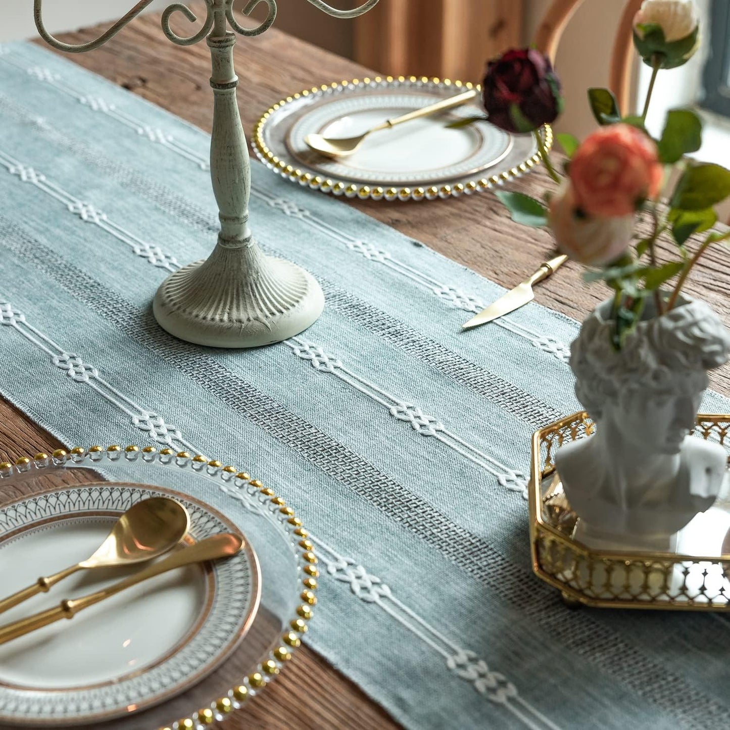 CyanCloud Rustic Linen Table Runner with Handmade Tassel Boho Hollow Embroidered Table Runners 72 Inch Long Table Runner for Party Weddings Farmhouse Dining Table Cover Gorgeous Decor, Blue