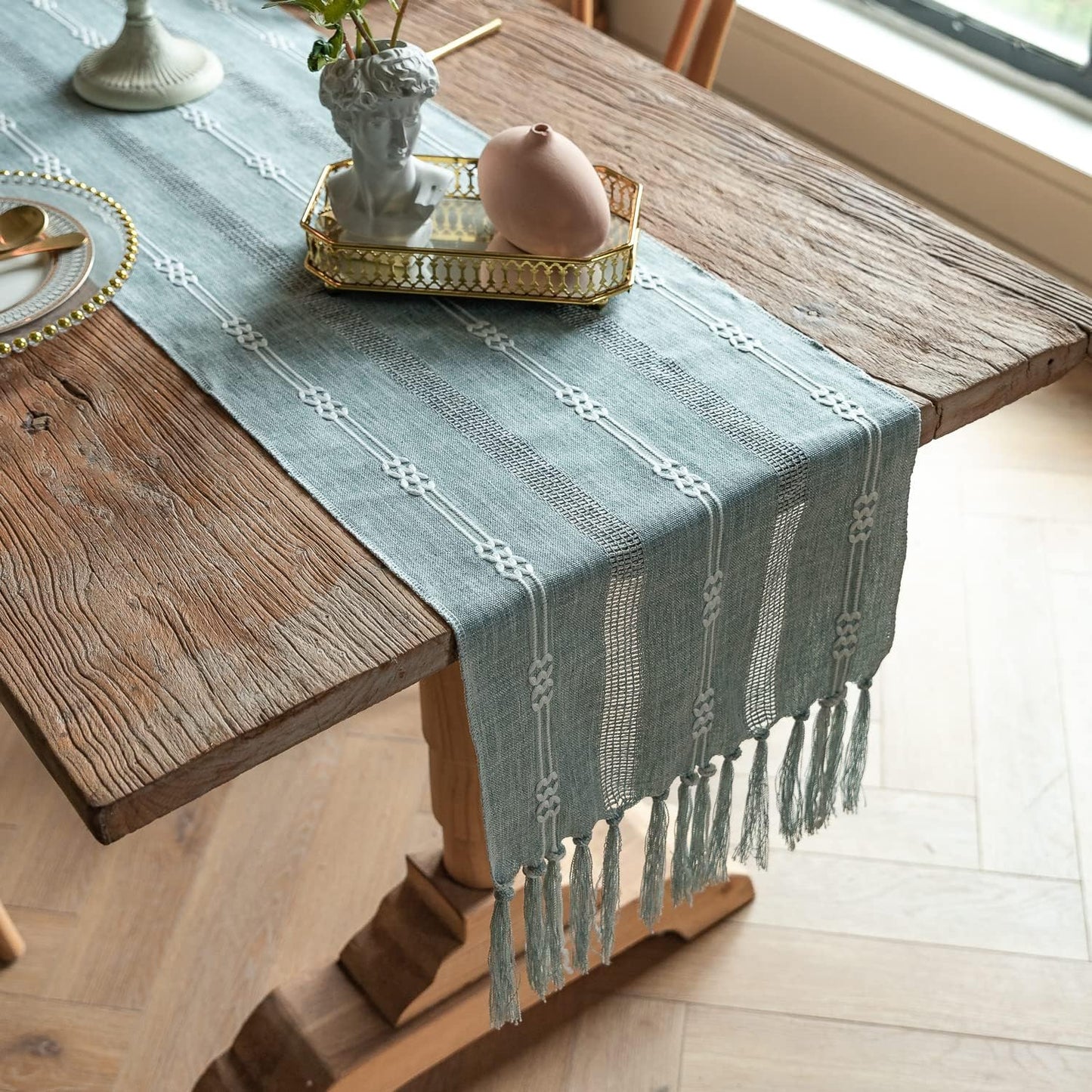 CyanCloud Rustic Linen Table Runner with Handmade Tassel Boho Hollow Embroidered Table Runners 72 Inch Long Table Runner for Party Weddings Farmhouse Dining Table Cover Gorgeous Decor, Blue