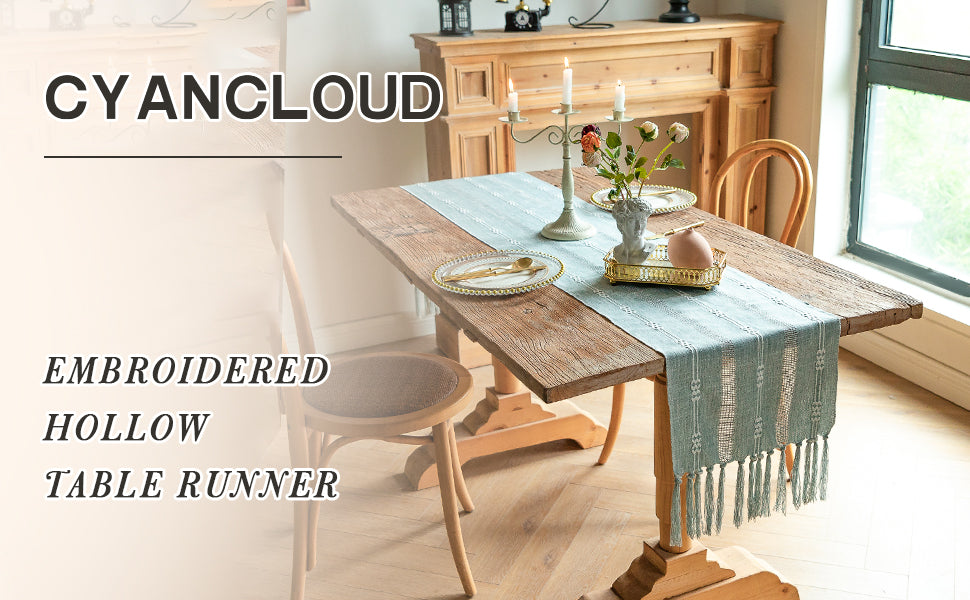 CyanCloud Rustic Linen Table Runner with Handmade Tassel Boho Hollow Embroidered Table Runners 72 Inch Long Table Runner for Party Weddings Farmhouse Dining Table Cover Gorgeous Decor, Blue