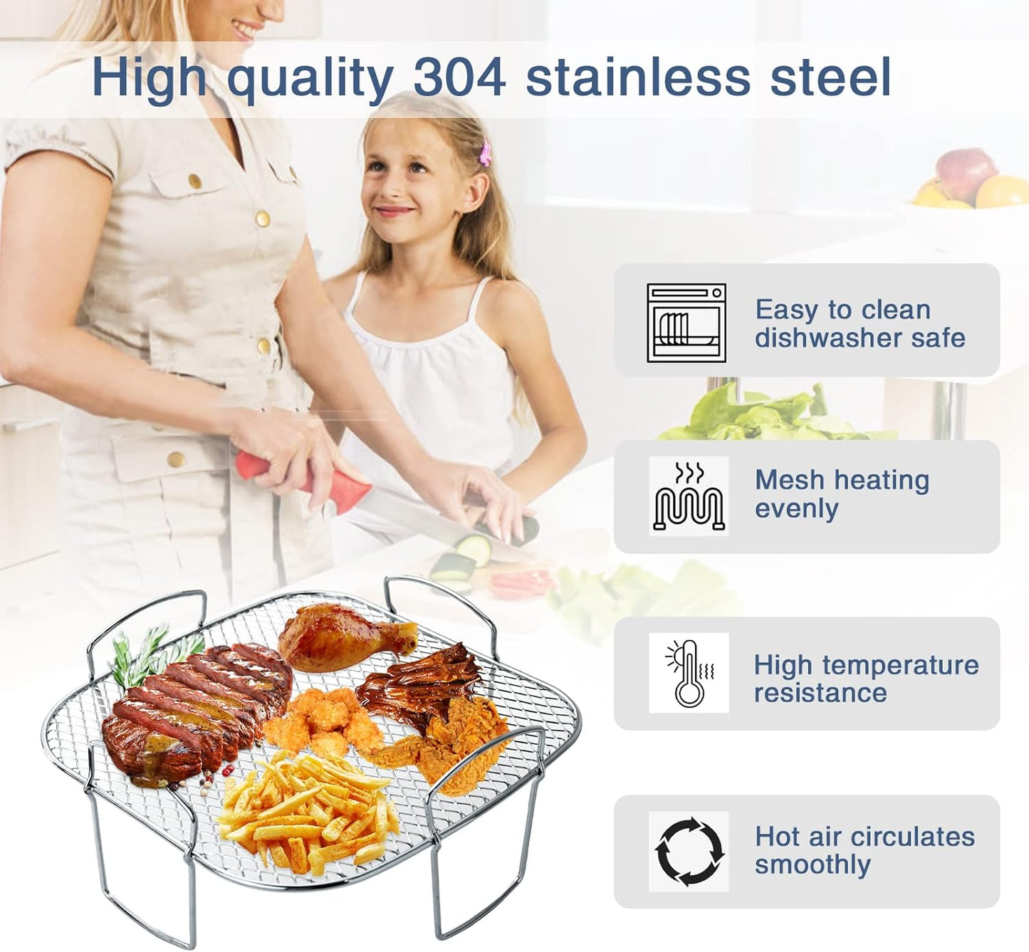 Air Fryer Rack for COSORI 5.5L Air Fryer Accessories 304 Stainless Steel 8 Inch Fryer Racks for Gourmia, Tower, Instant Vortex Dehydrator Rack Air Fryer Shelf with Clip Brush