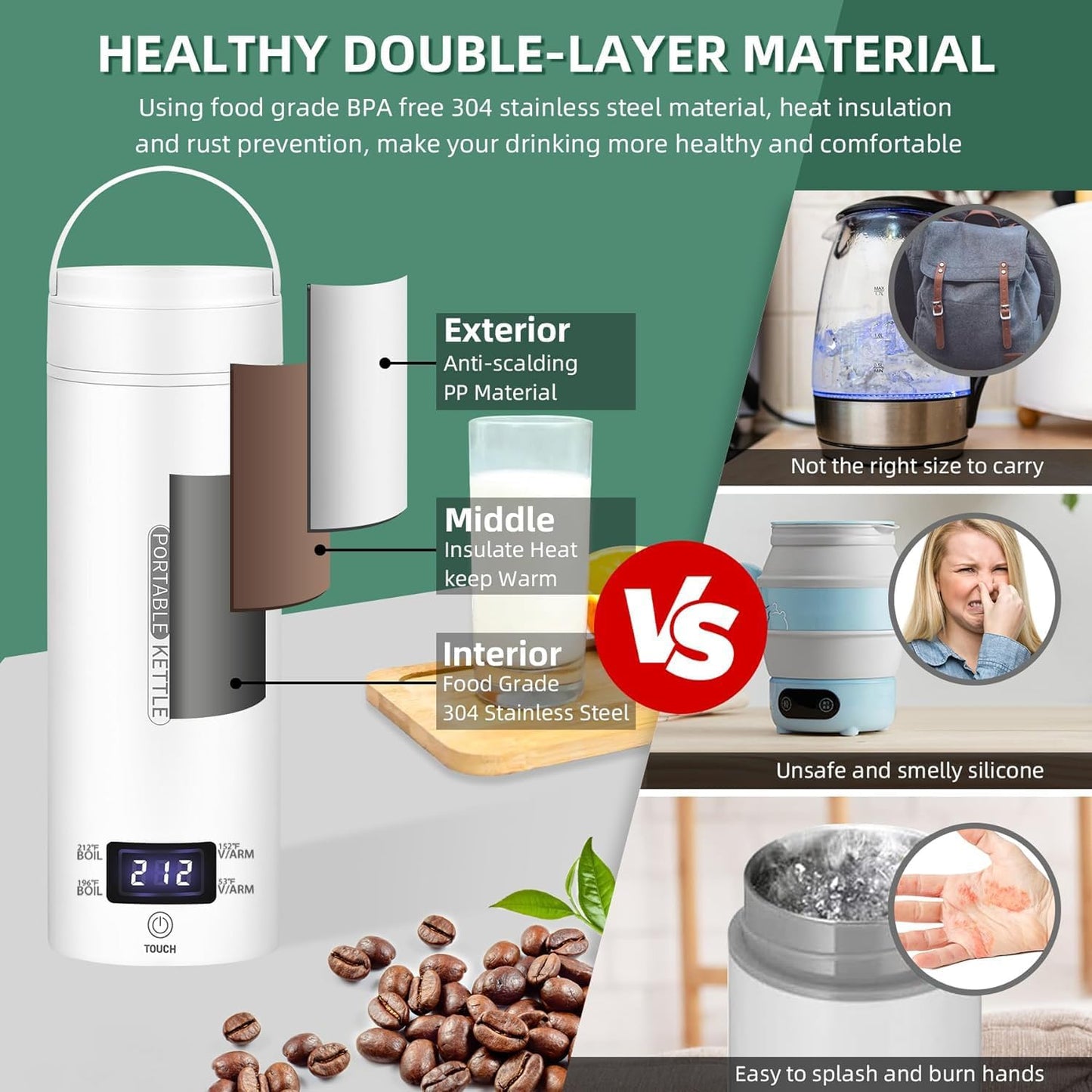 CyanCloud Portable Electric Kettle Travel Electric Kettle 500ml Stainless Steel Travel Electric Tea Coffee Kettle Water Boiler with Cup Bag, 4 Variable Presets, Auto Shut-Off, Boil Dry Protection