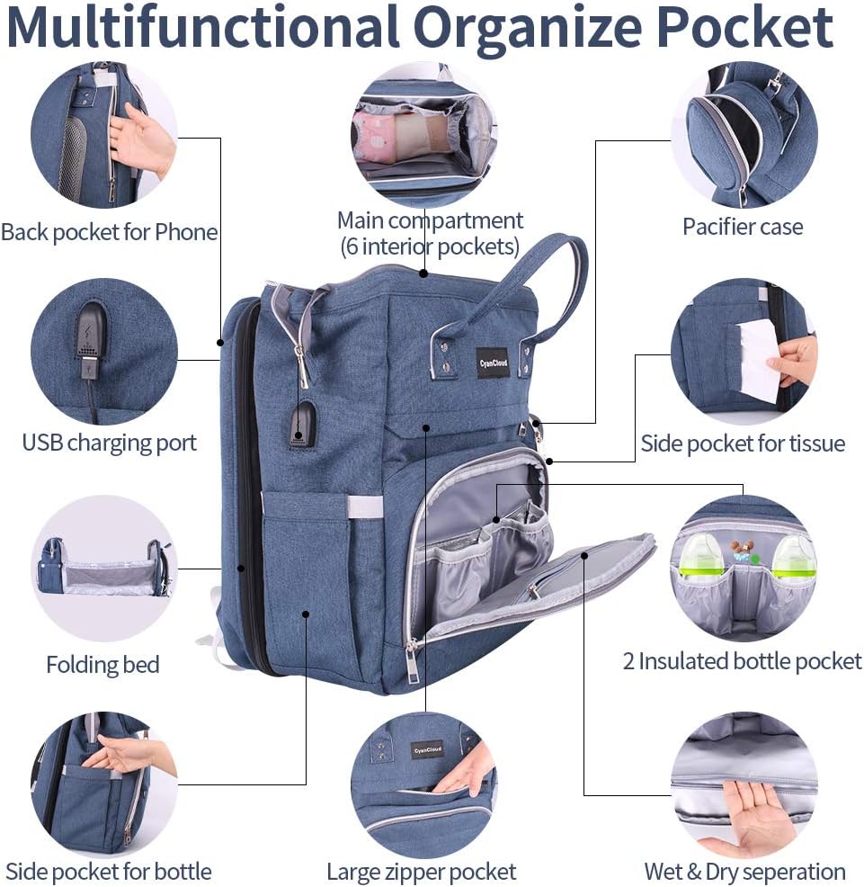 CyanCloud Diaper Bag Backpack, Baby Diaper Bag with Changing Station and Pacifier Case, Large Capacity Diaper Bags for Baby Boy Baby Girl, Waterproof, Dark Blue