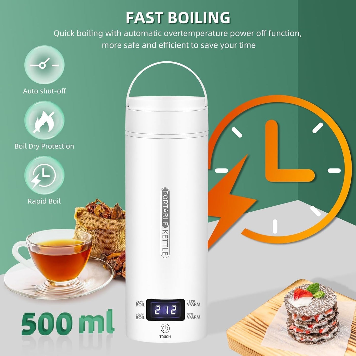 CyanCloud Portable Electric Kettle Travel Electric Kettle 500ml Stainless Steel Travel Electric Tea Coffee Kettle Water Boiler with Cup Bag, 4 Variable Presets, Auto Shut-Off, Boil Dry Protection