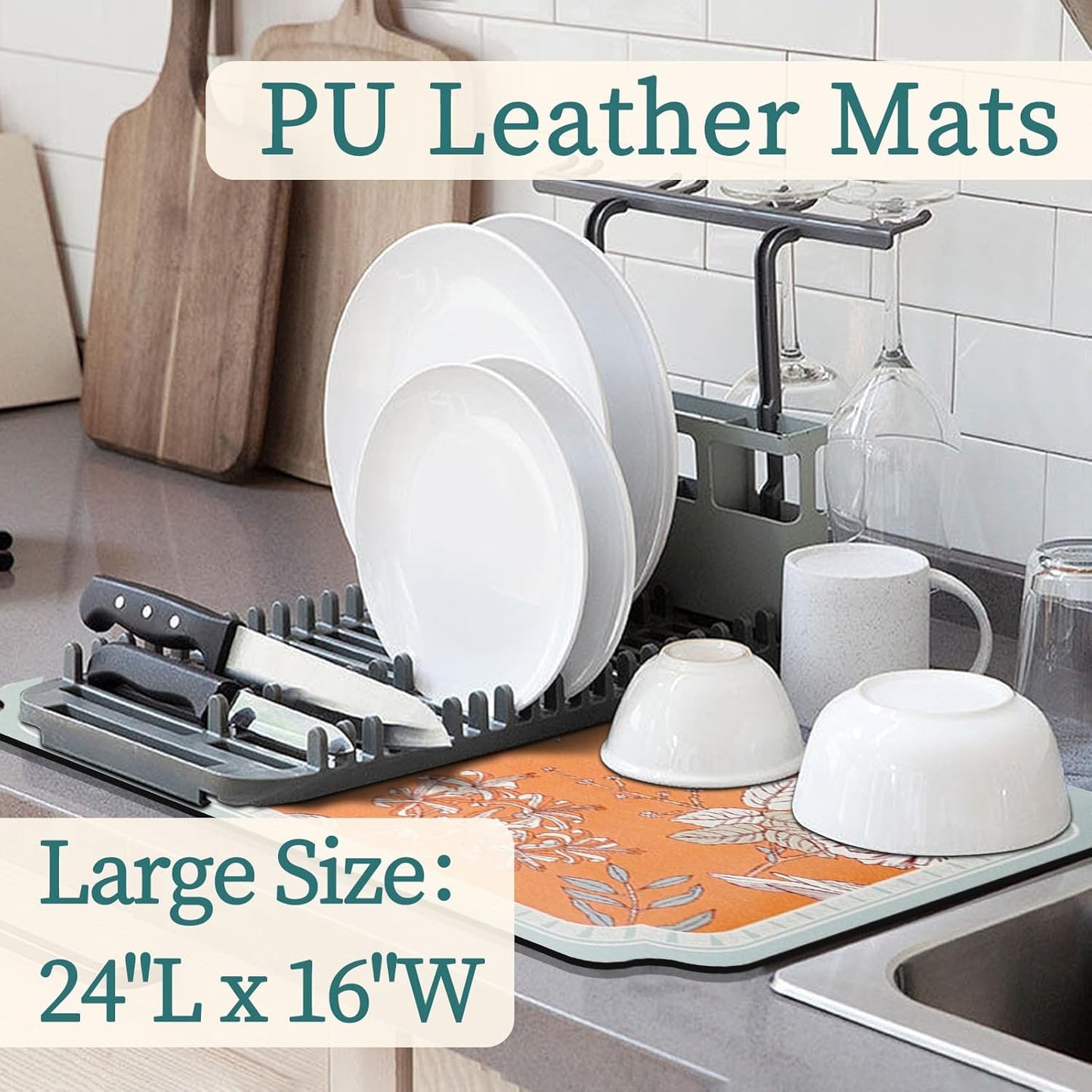 Dish Drying Mat XL 24"x16" Dish Mat Drying Kitchen Mat with Non-slip Rubber Backed, Dish Drying Pad Super Absorbent for Kitchen Counter, Coffee Bar, Bathroom Sink, Dish Drying Rack Mat, Orange