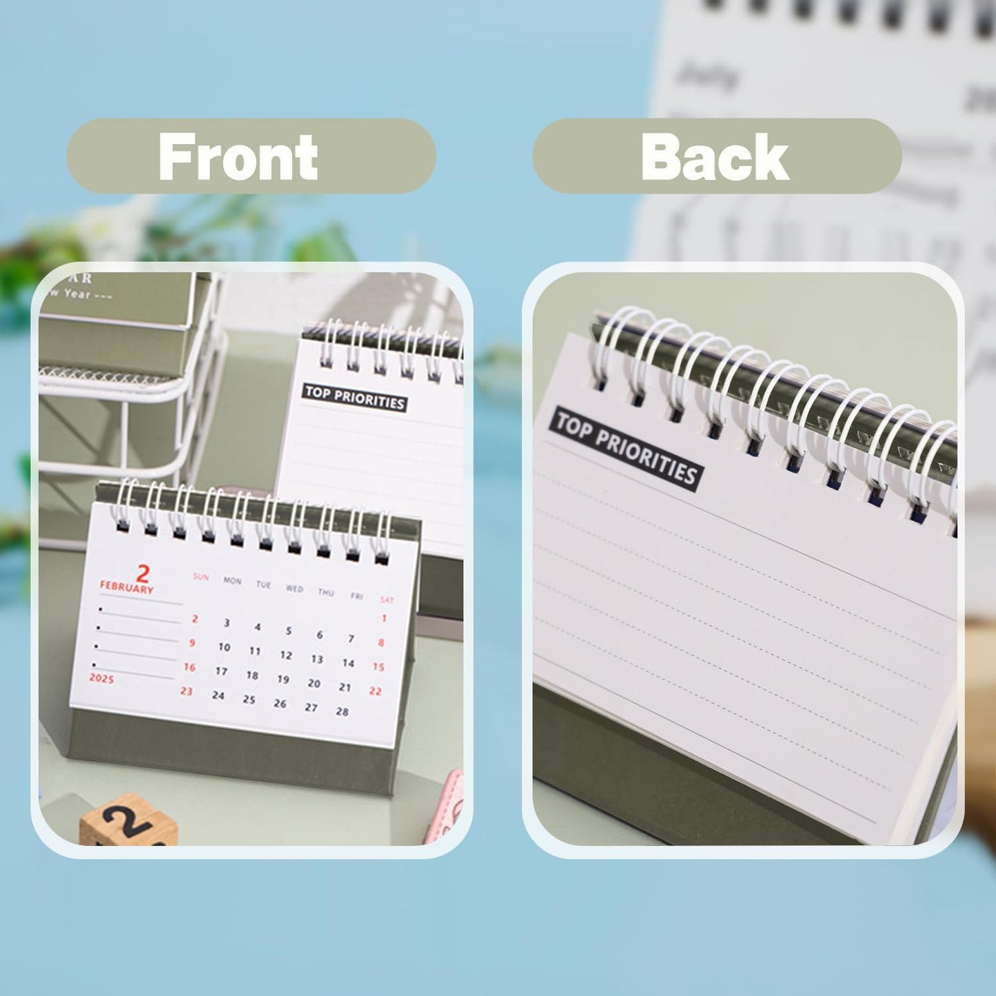 CyanCloud 2025 Desk Calendar 2024-2025, Small Standing Flip Desktop Calendar from Oct 2024 to Dec 2025, Metal Ring Twin-Wire Binding Monthly Desktop Calendar for Home Office School