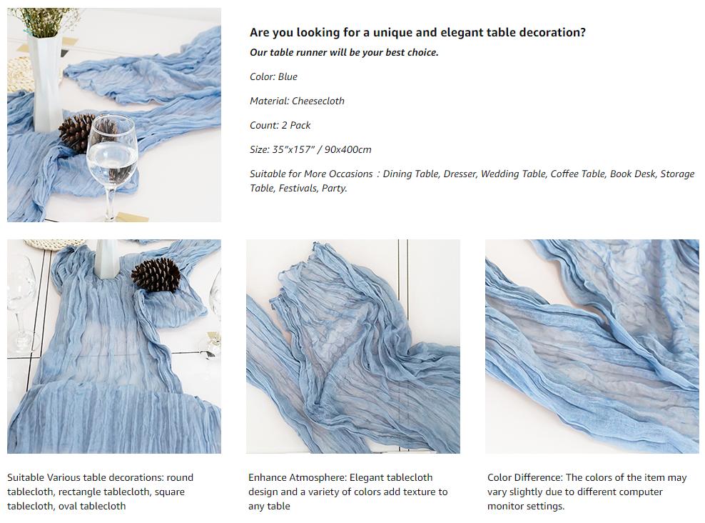 CyanCloud 2 Pack Cheesecloth Table Runner Blue Table Runner 35 x 157 Inch Wedding Table Cover Decor Arch Draping Gauze Fabric Table Runner Boho for Party Weddings Holiday Kitchen Table