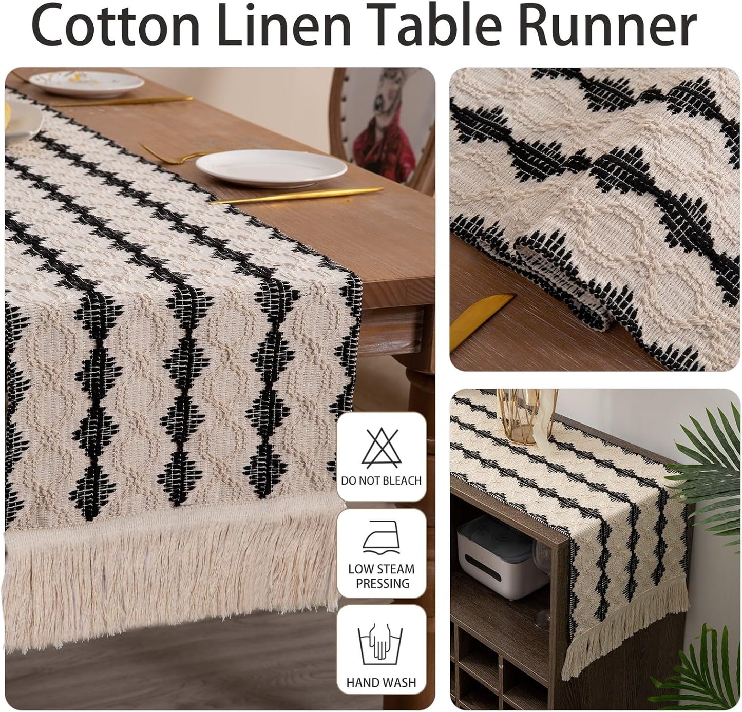 CyanCloud Braided Table Runner Cotton Linen Table Runners with Tassel Long Cream Table Runner 12 x 72 Inch Macrame Table Runners for Rustic Home Farmhouse Dining Table Cover Decor