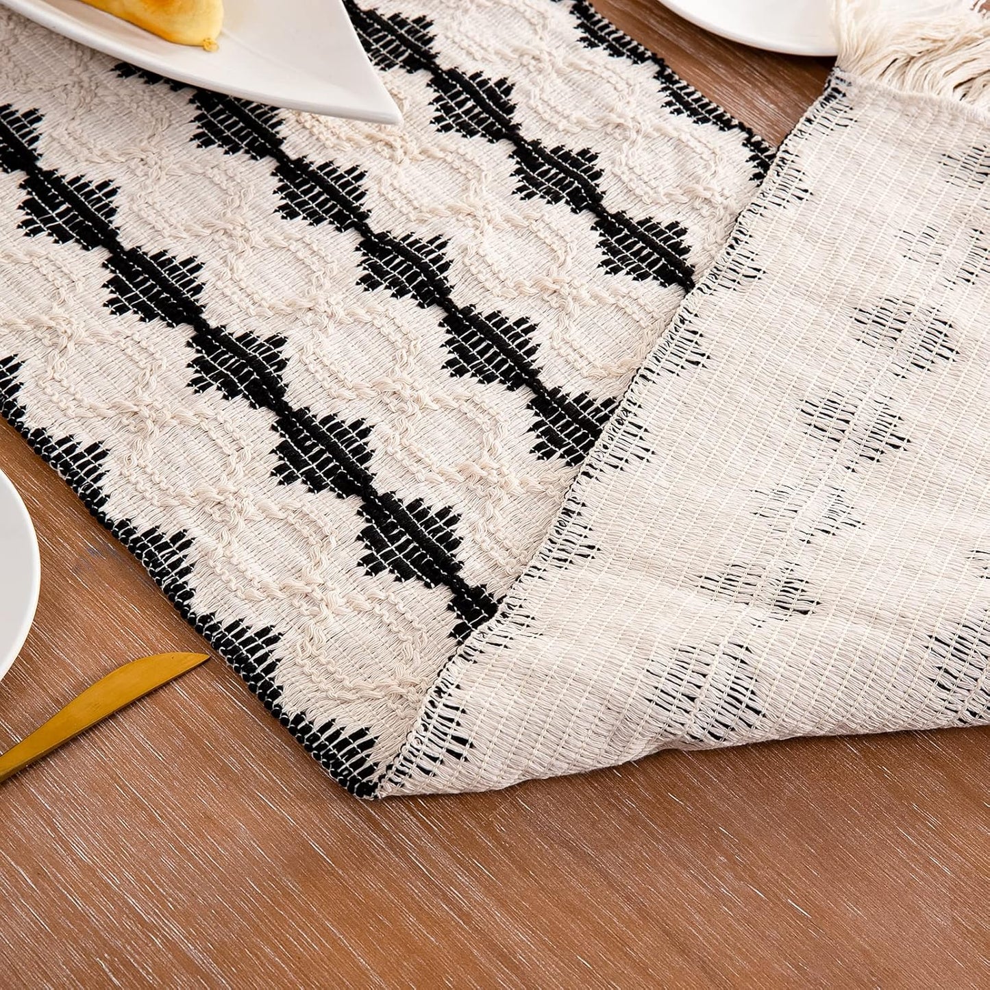 CyanCloud Braided Table Runner Cotton Linen Table Runners with Tassel Long Cream Table Runner 12 x 72 Inch Macrame Table Runners for Rustic Home Farmhouse Dining Table Cover Decor
