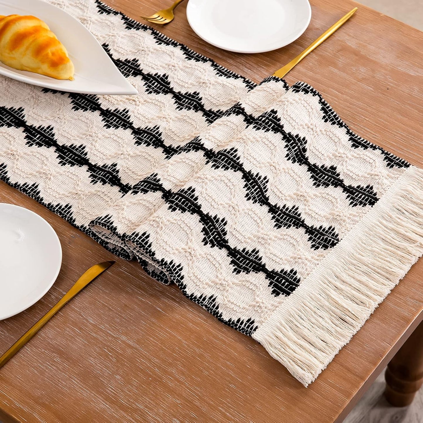 CyanCloud Braided Table Runner Cotton Linen Table Runners with Tassel Long Cream Table Runner 12 x 72 Inch Macrame Table Runners for Rustic Home Farmhouse Dining Table Cover Decor