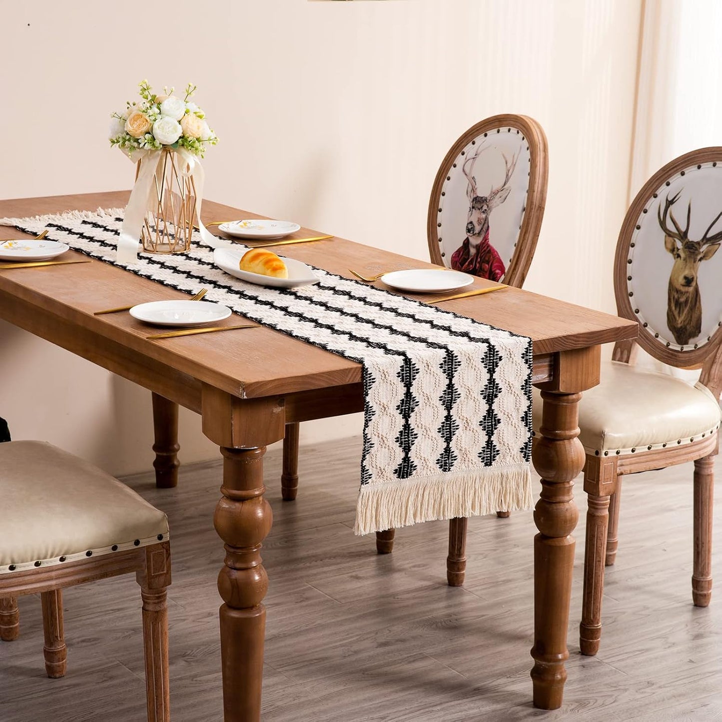 CyanCloud Braided Table Runner Cotton Linen Table Runners with Tassel Long Cream Table Runner 12 x 72 Inch Macrame Table Runners for Rustic Home Farmhouse Dining Table Cover Decor