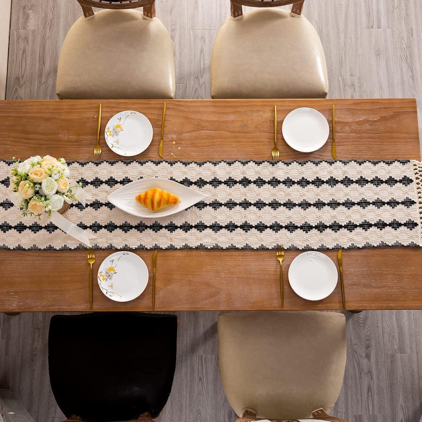 CyanCloud Braided Table Runner Cotton Linen Table Runners with Tassel Long Cream Table Runner 12 x 72 Inch Macrame Table Runners for Rustic Home Farmhouse Dining Table Cover Decor