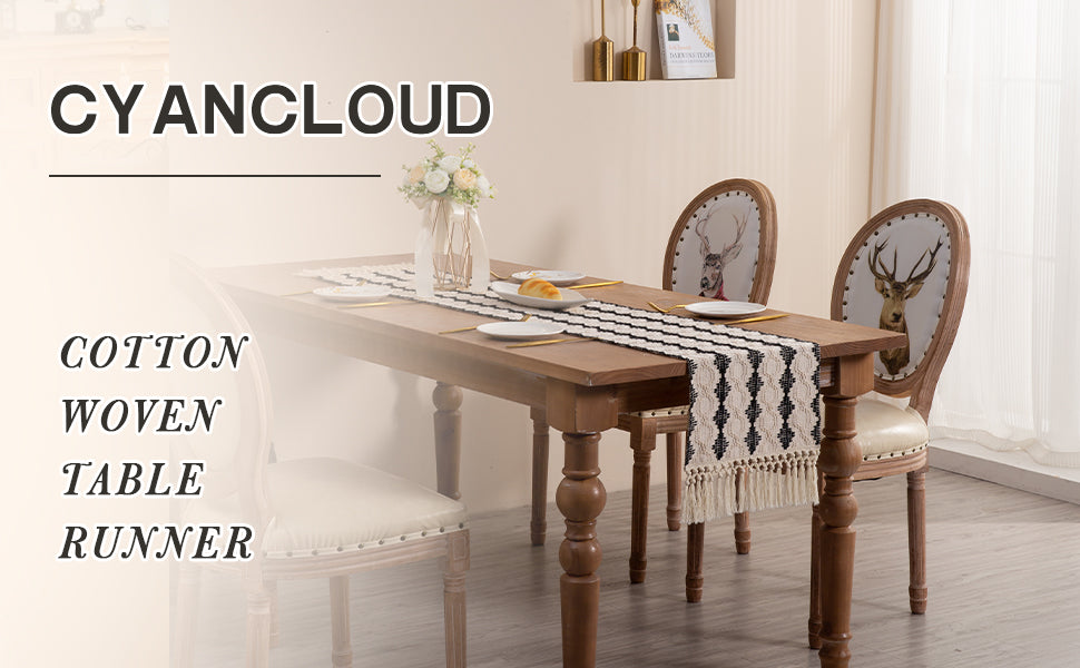 CyanCloud Braided Table Runner Cotton Linen Table Runners with Tassel Long Cream Table Runner 12 x 72 Inch Macrame Table Runners for Rustic Home Farmhouse Dining Table Cover Decor