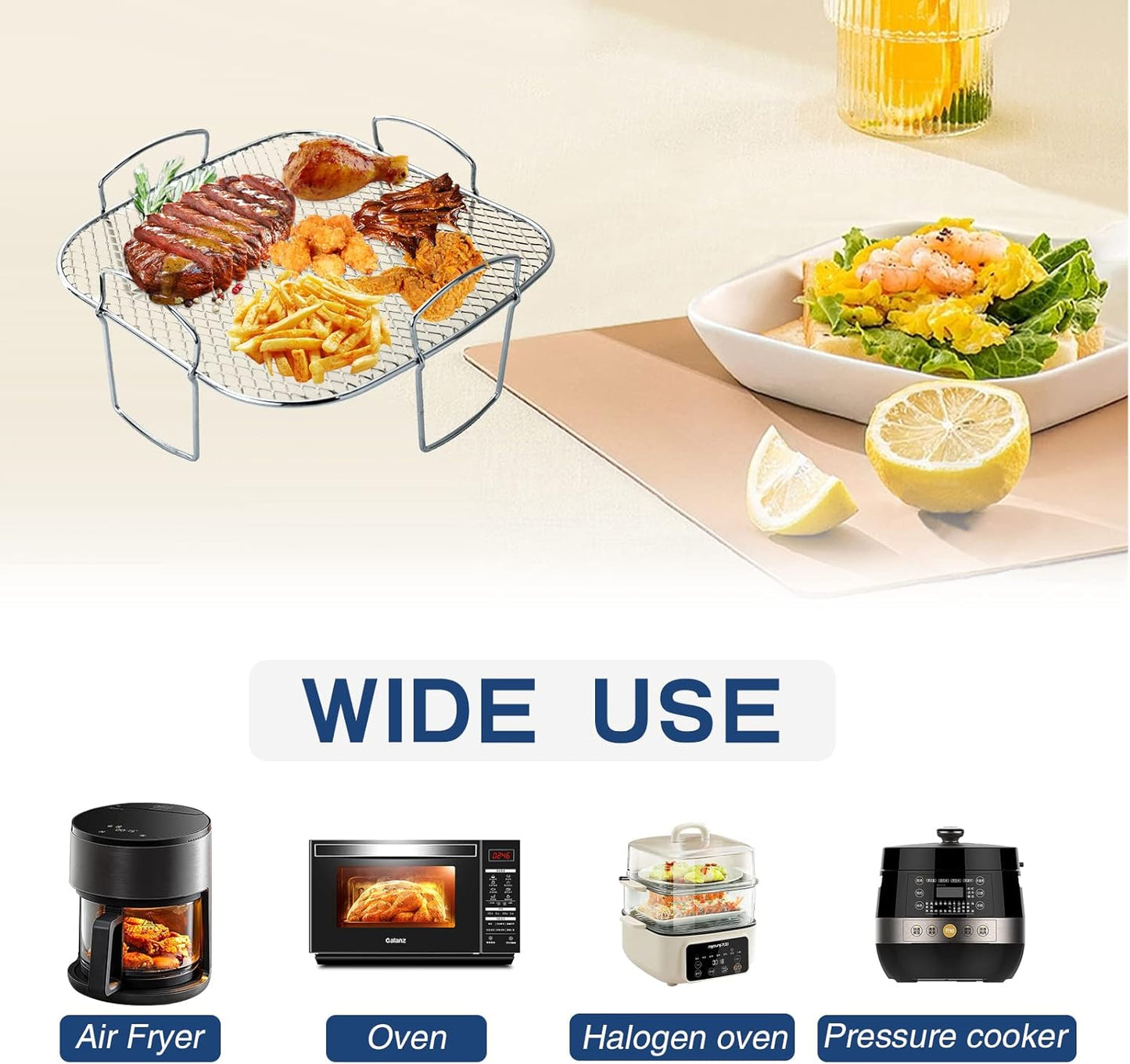 Air Fryer Rack for COSORI 5.5L Air Fryer Accessories 304 Stainless Steel 8 Inch Fryer Racks for Gourmia, Tower, Instant Vortex Dehydrator Rack Air Fryer Shelf with Clip Brush