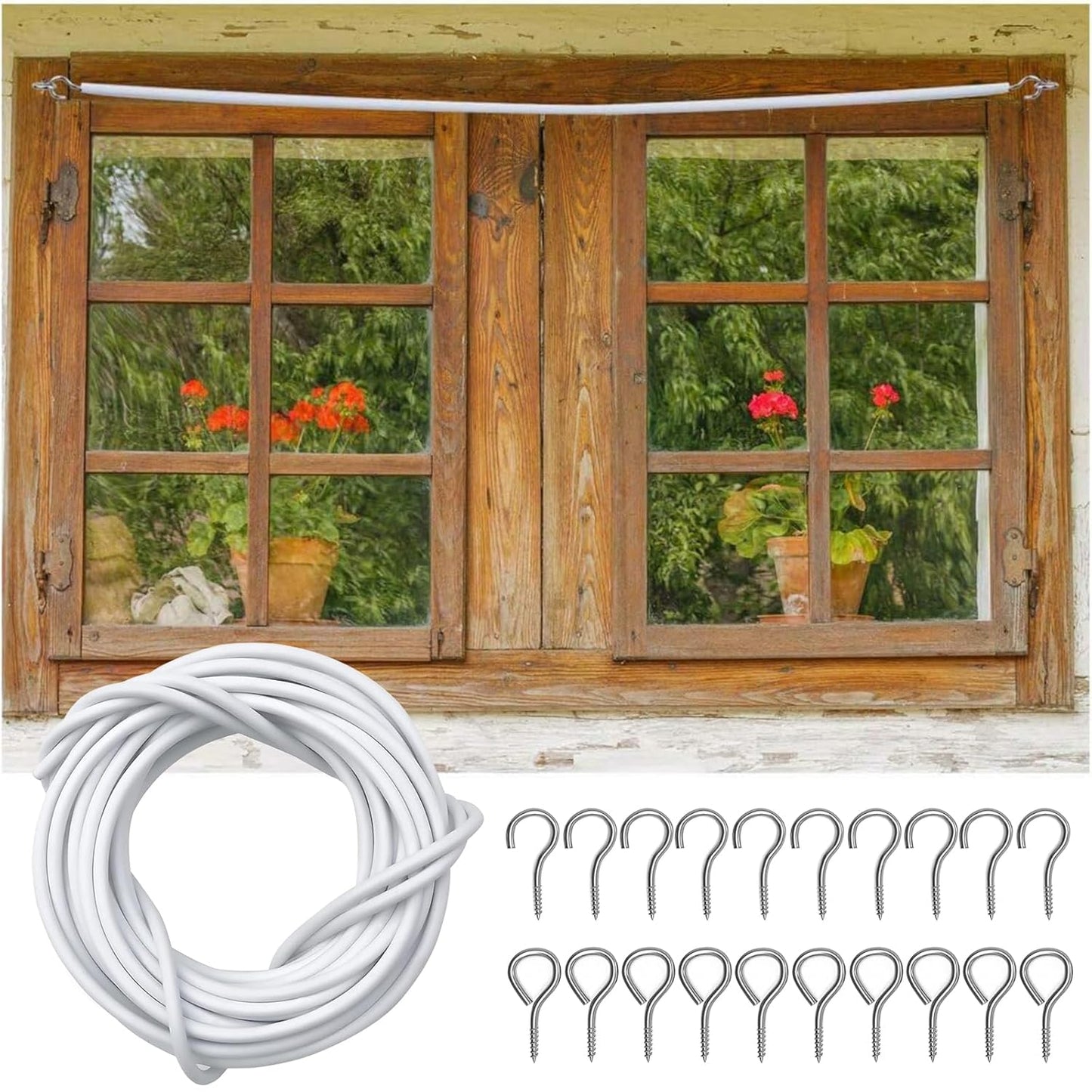 CyanCloud White Curtain Wire 8 Meter Curtain Wire with 10 Hooks & 10 Eyes, Durable Window Net Curtain Wire for Net Curtain Rods Clothesline Hanging