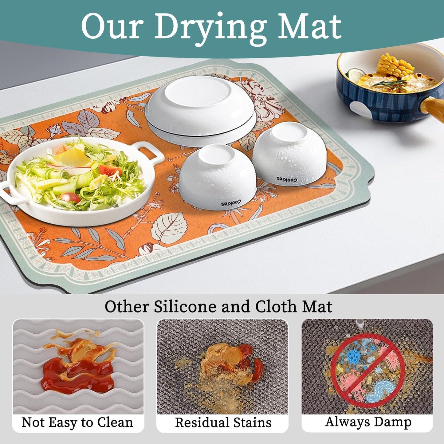 Dish Drying Mat XL 24"x16" Dish Mat Drying Kitchen Mat with Non-slip Rubber Backed, Dish Drying Pad Super Absorbent for Kitchen Counter, Coffee Bar, Bathroom Sink, Dish Drying Rack Mat, Orange