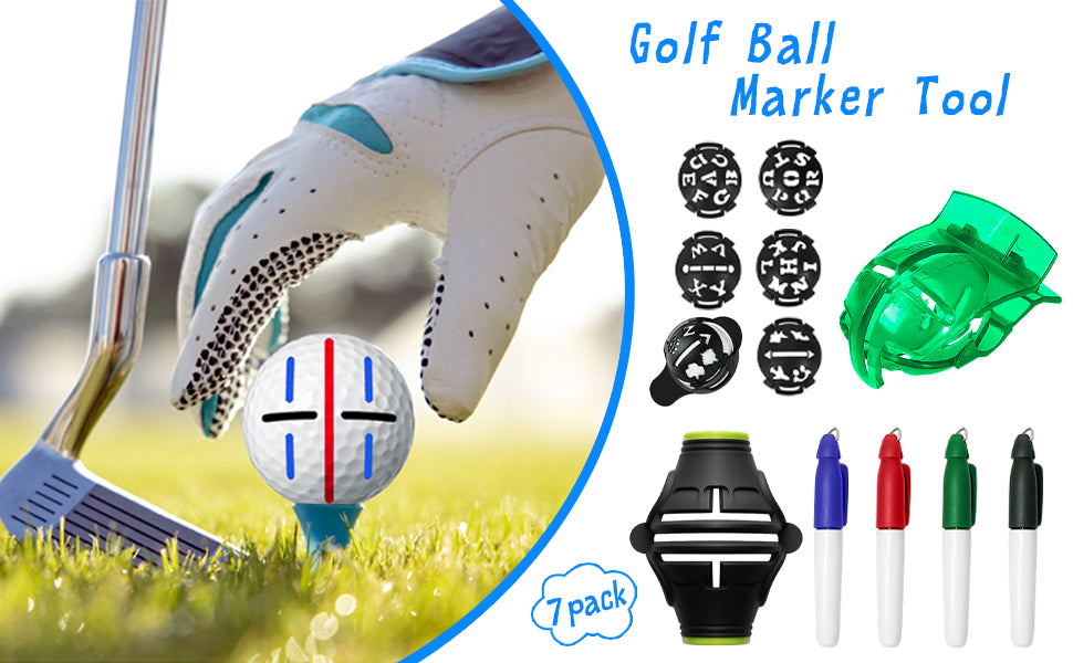 7 Pack Golf Ball Marker Golf Ball Line Marker Tool, 1 x 360° Triple-Line Marker Stencil, 1 x Golf Ball Marker Stencil, 6 in 1 x Letter Stencils Kit, 4 Color Golf Ball Markers, Golf Accessories