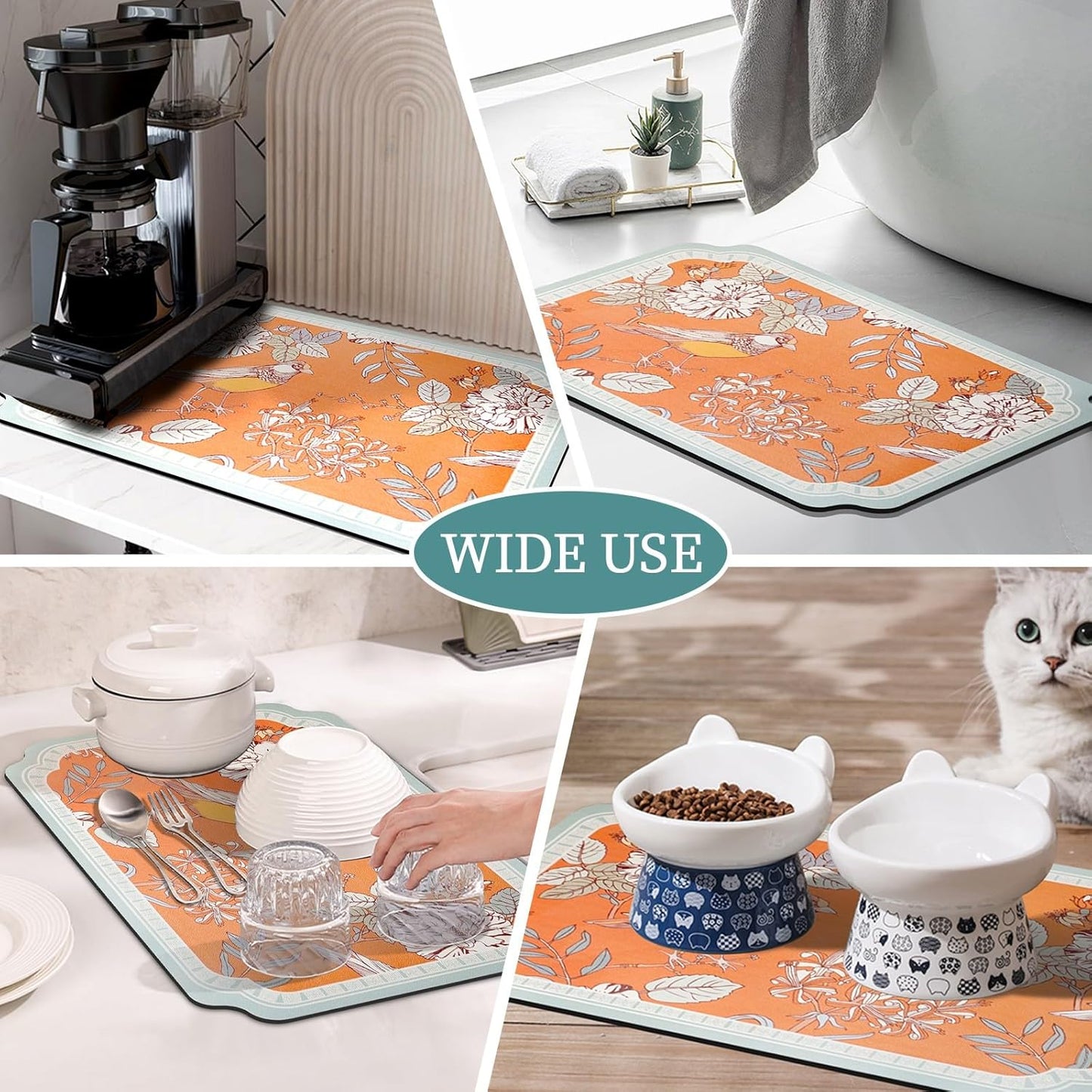 Dish Drying Mat XL 24"x16" Dish Mat Drying Kitchen Mat with Non-slip Rubber Backed, Dish Drying Pad Super Absorbent for Kitchen Counter, Coffee Bar, Bathroom Sink, Dish Drying Rack Mat, Orange