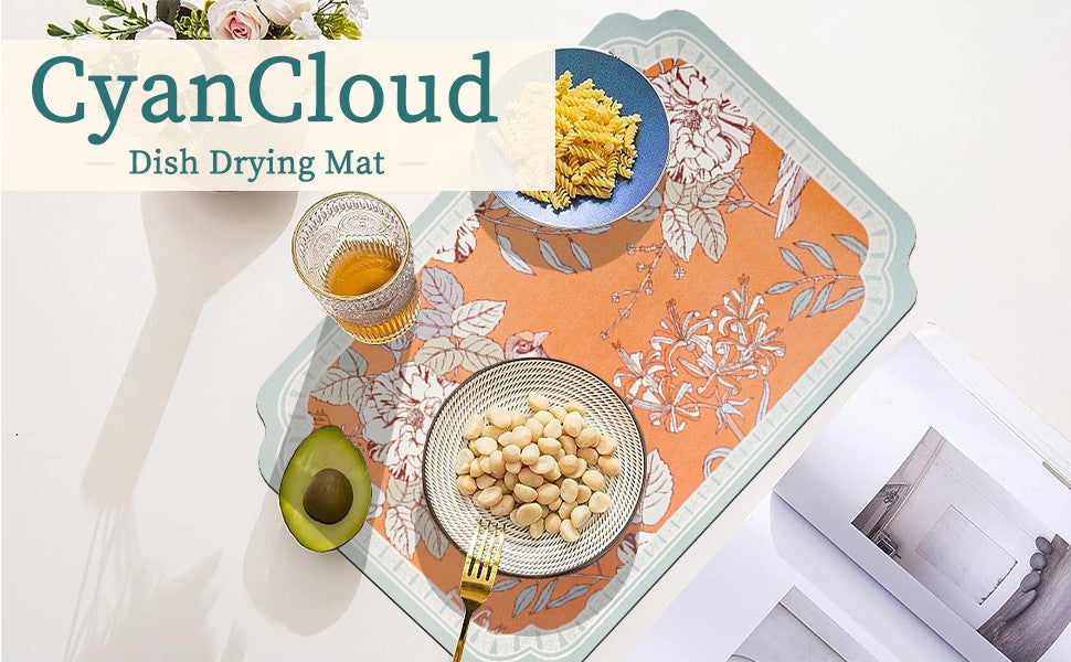 Dish Drying Mat XL 24"x16" Dish Mat Drying Kitchen Mat with Non-slip Rubber Backed, Dish Drying Pad Super Absorbent for Kitchen Counter, Coffee Bar, Bathroom Sink, Dish Drying Rack Mat, Orange