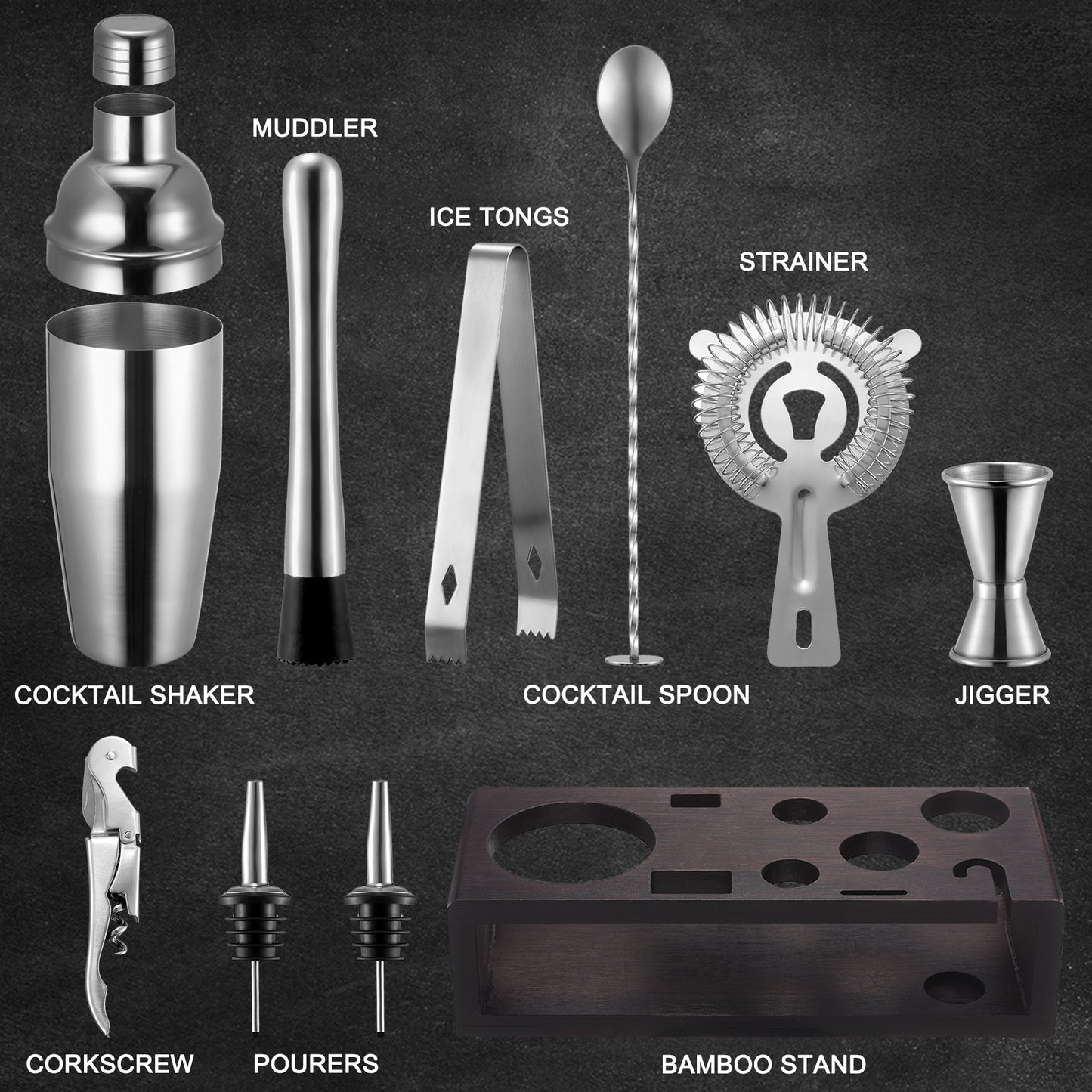 CyanCloud Cocktail Shaker Set, Bartender Kit 10 Pcs for Home and Bar, Stainless Steel Cocktail Set with Stand, 26 Oz Cocktail Shaker kit with Recipes Booklet