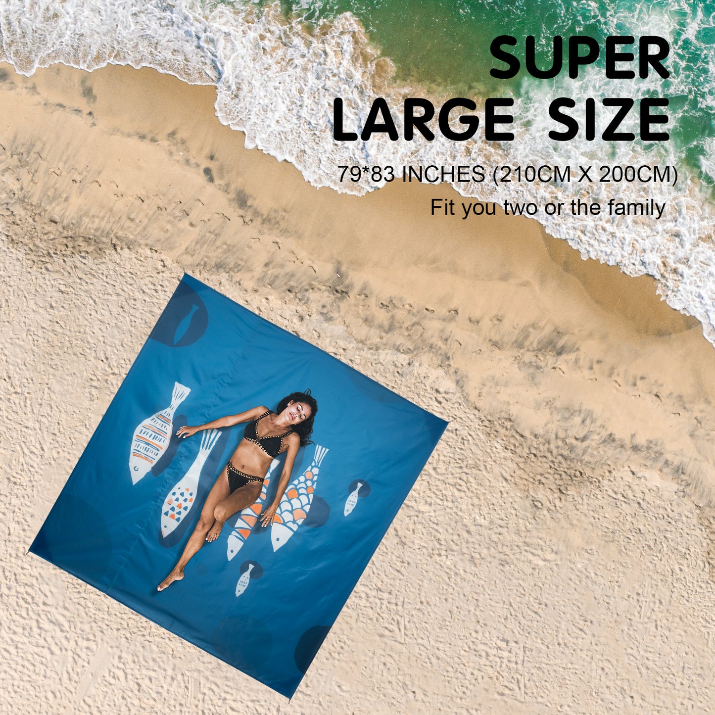 CyanCloud Beach Blanket, Waterproof Sandproof Beach Blanket Mat, 79"x83" for Family (2-7) Large Oversized Blanket, Portable Outdoor Camping Blankets, Compact& Light, 4 Stakes&1 Travel Bag(Fish)