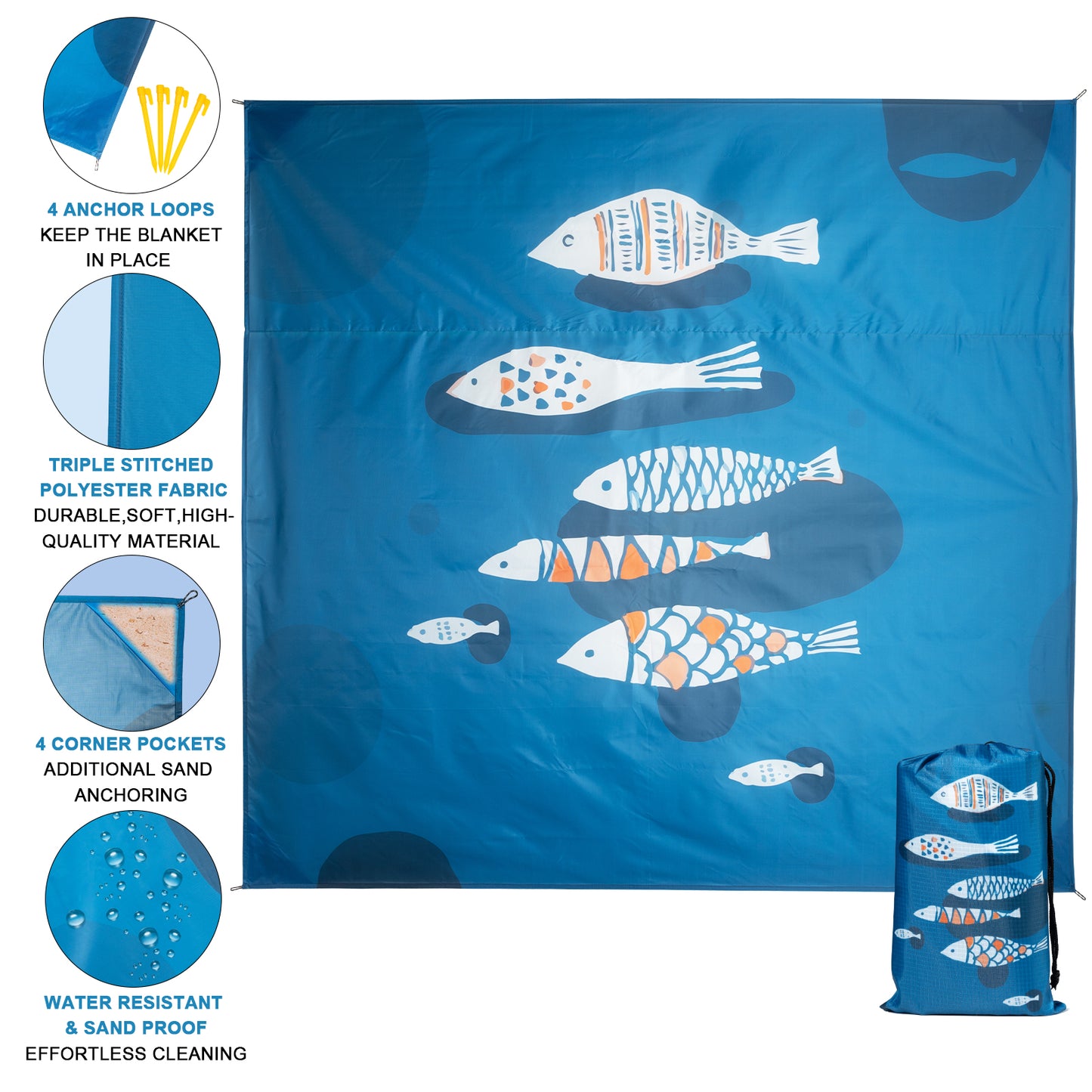 CyanCloud Beach Blanket, Waterproof Sandproof Beach Blanket Mat, 79"x83" for Family (2-7) Large Oversized Blanket, Portable Outdoor Camping Blankets, Compact& Light, 4 Stakes&1 Travel Bag(Fish)
