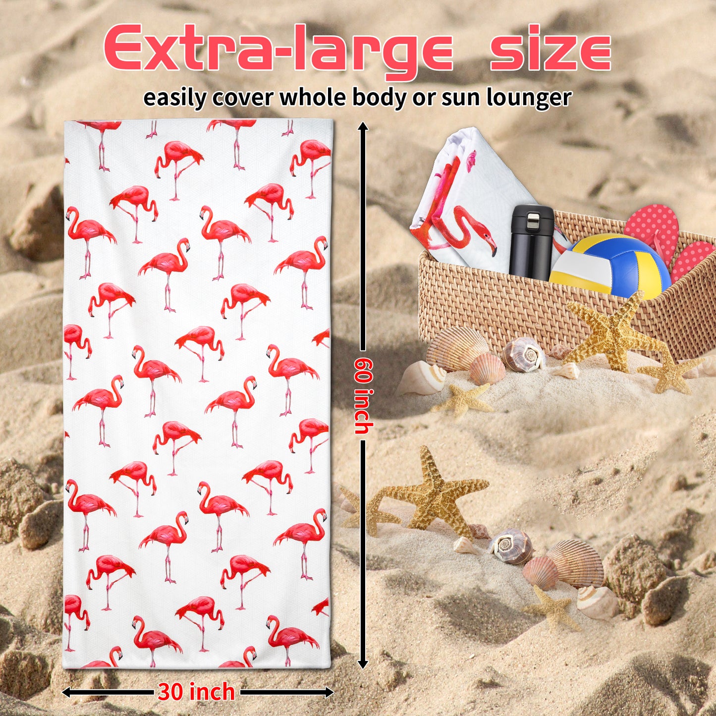 CyanCloud Microfiber Beach Towel Fast Drying, Extra Large 30" x 60" Sand Free Beach Towel Super Lightweight Towels for Swimming Pool, Camping, Picnic, Yoga Gym Sports(Flamingo)