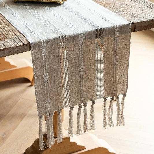 CyanCloud Grey Table Runner with Handmade Tassel Linen Hollow Embroidered Table Runners, 72 Inch Coffee Table Runner for Party Weddings Farmhouse Dining Table Cover Gorgeous Decor