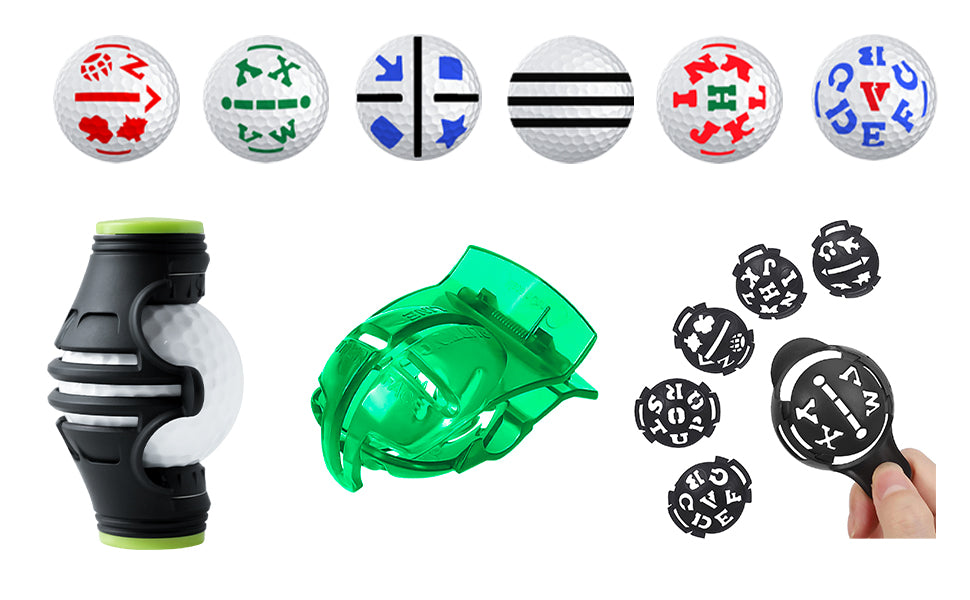 7 Pack Golf Ball Marker Golf Ball Line Marker Tool, 1 x 360° Triple-Line Marker Stencil, 1 x Golf Ball Marker Stencil, 6 in 1 x Letter Stencils Kit, 4 Color Golf Ball Markers, Golf Accessories