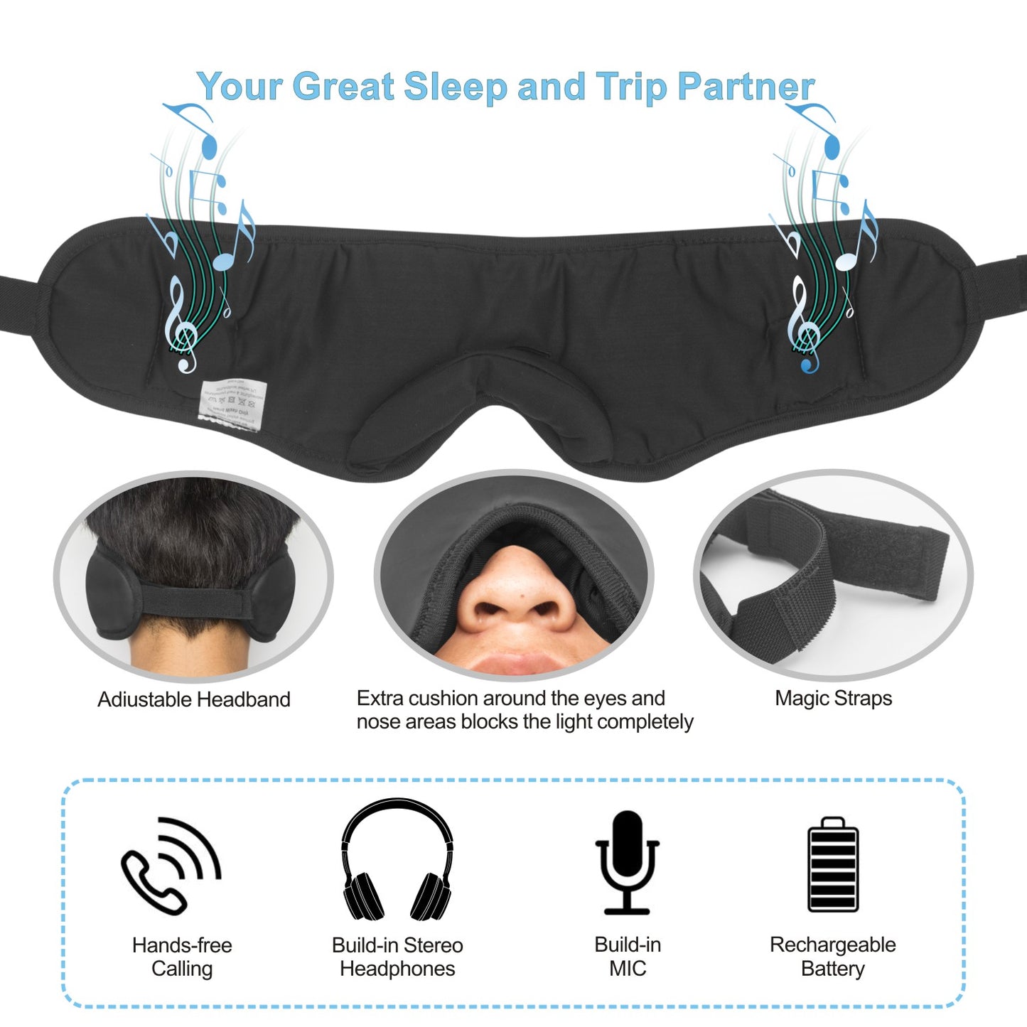 CyanCloud Wireless Eye Mask, Bluetooth Sleep Mask, Sleep Headphone, Handsfree Adjustable Washable Headphones, Built-in Speakers Microphone, for Air Travel, Sleeping, Meditation, AMSR and Insomnia