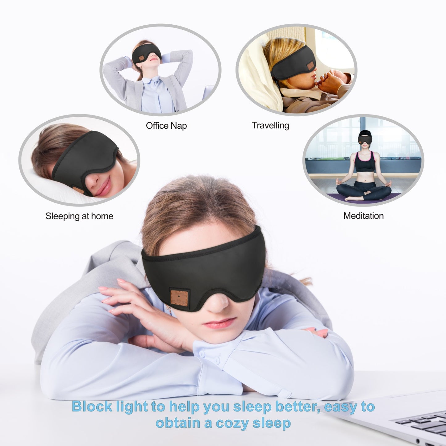 CyanCloud Wireless Eye Mask, Bluetooth Sleep Mask, Sleep Headphone, Handsfree Adjustable Washable Headphones, Built-in Speakers Microphone, for Air Travel, Sleeping, Meditation, AMSR and Insomnia
