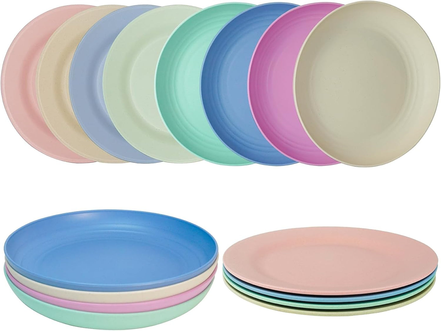 CyanCloud 8 Pcs Plastic Plates 10 Inch Large Reusable Dinner Plates Light Weight for Adult Children Dishwasher Safe Microwave 4 Deep Dumpling Bowls, 4 Flat Pizza Plates for Picnic, Camping, BBQ