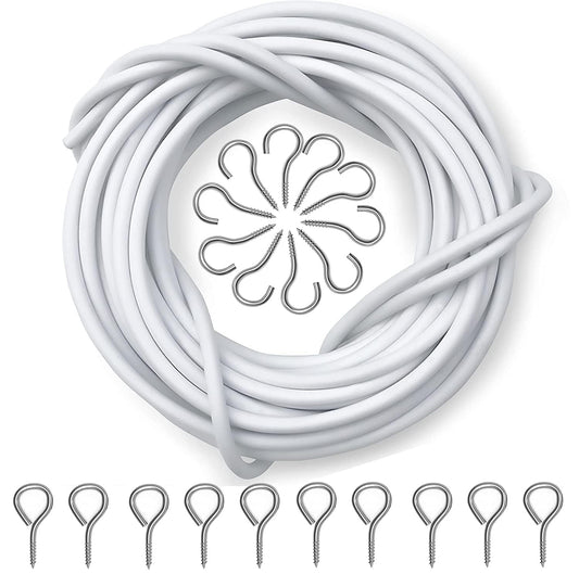 CyanCloud White Curtain Wire 8 Meter Curtain Wire with 10 Hooks & 10 Eyes, Durable Window Net Curtain Wire for Net Curtain Rods Clothesline Hanging