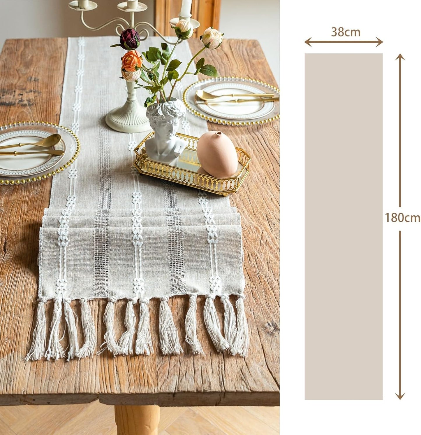 CyanCloud Grey Table Runner with Handmade Tassel Linen Hollow Embroidered Table Runners, 72 Inch Coffee Table Runner for Party Weddings Farmhouse Dining Table Cover Gorgeous Decor
