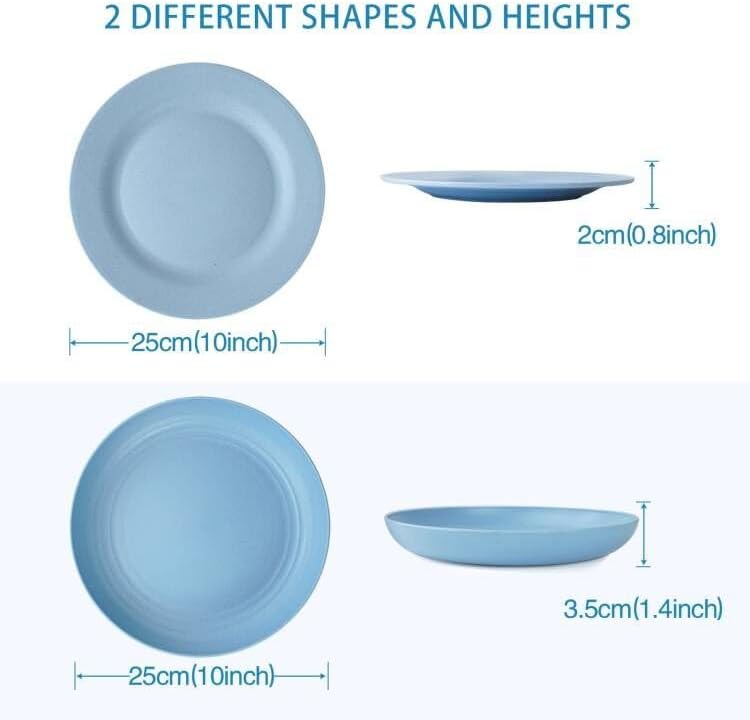 CyanCloud 8 Pcs Plastic Plates 10 Inch Large Reusable Dinner Plates Light Weight for Adult Children Dishwasher Safe Microwave 4 Deep Dumpling Bowls, 4 Flat Pizza Plates for Picnic, Camping, BBQ