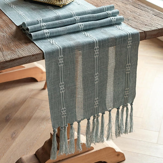 CyanCloud Rustic Linen Table Runner with Handmade Tassel Boho Hollow Embroidered Table Runners 72 Inch Long Table Runner for Party Weddings Farmhouse Dining Table Cover Gorgeous Decor, Blue