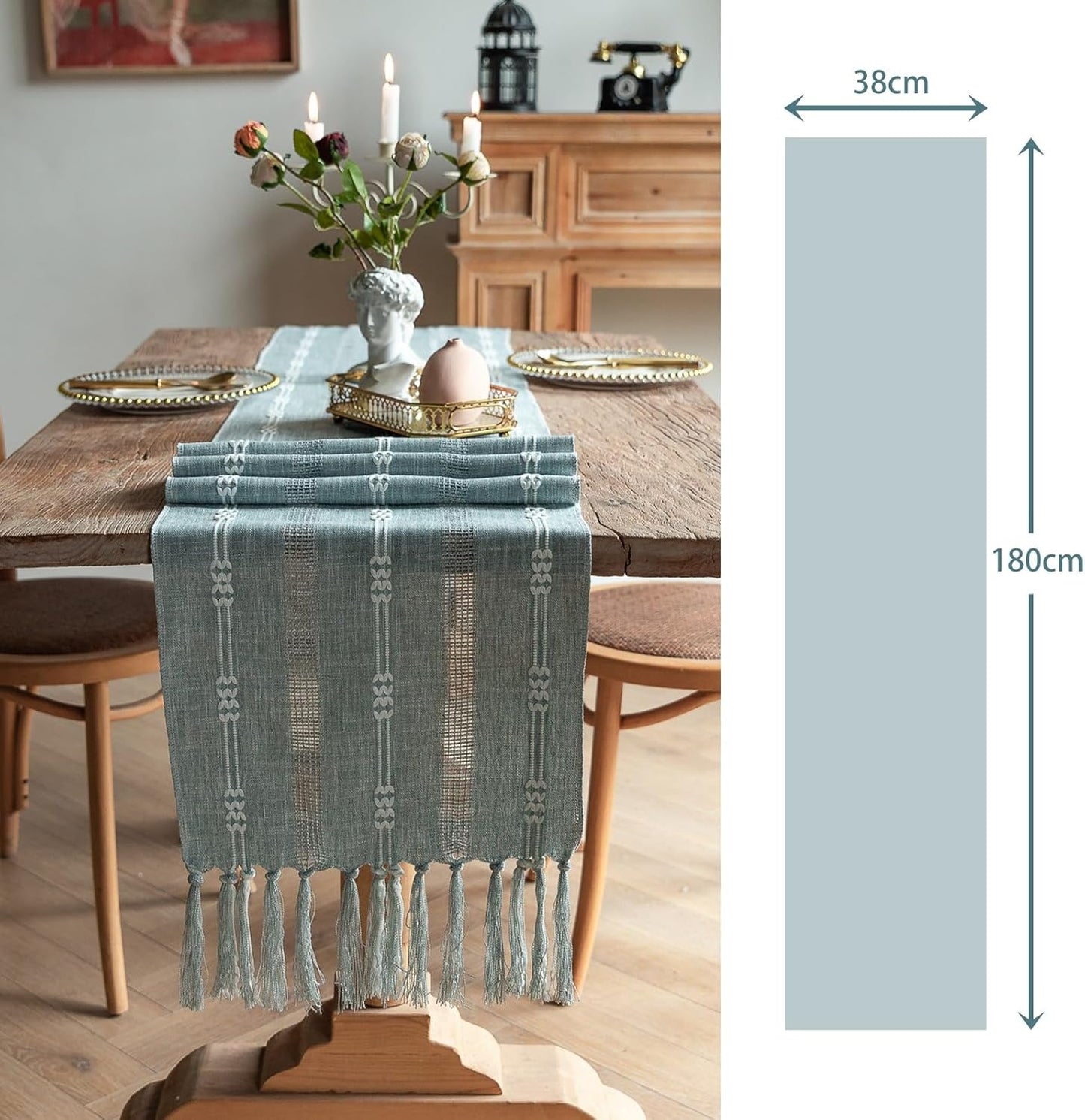 CyanCloud Rustic Linen Table Runner with Handmade Tassel Boho Hollow Embroidered Table Runners 72 Inch Long Table Runner for Party Weddings Farmhouse Dining Table Cover Gorgeous Decor, Blue
