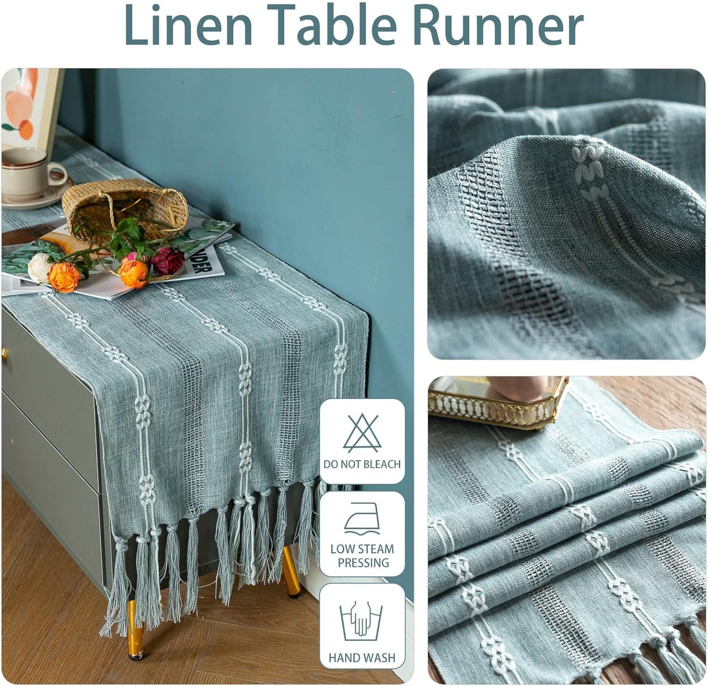 CyanCloud Rustic Linen Table Runner with Handmade Tassel Boho Hollow Embroidered Table Runners 72 Inch Long Table Runner for Party Weddings Farmhouse Dining Table Cover Gorgeous Decor, Blue