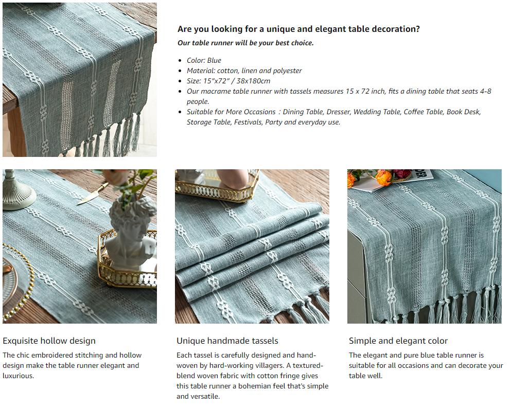 CyanCloud Rustic Linen Table Runner with Handmade Tassel Boho Hollow Embroidered Table Runners 72 Inch Long Table Runner for Party Weddings Farmhouse Dining Table Cover Gorgeous Decor, Blue
