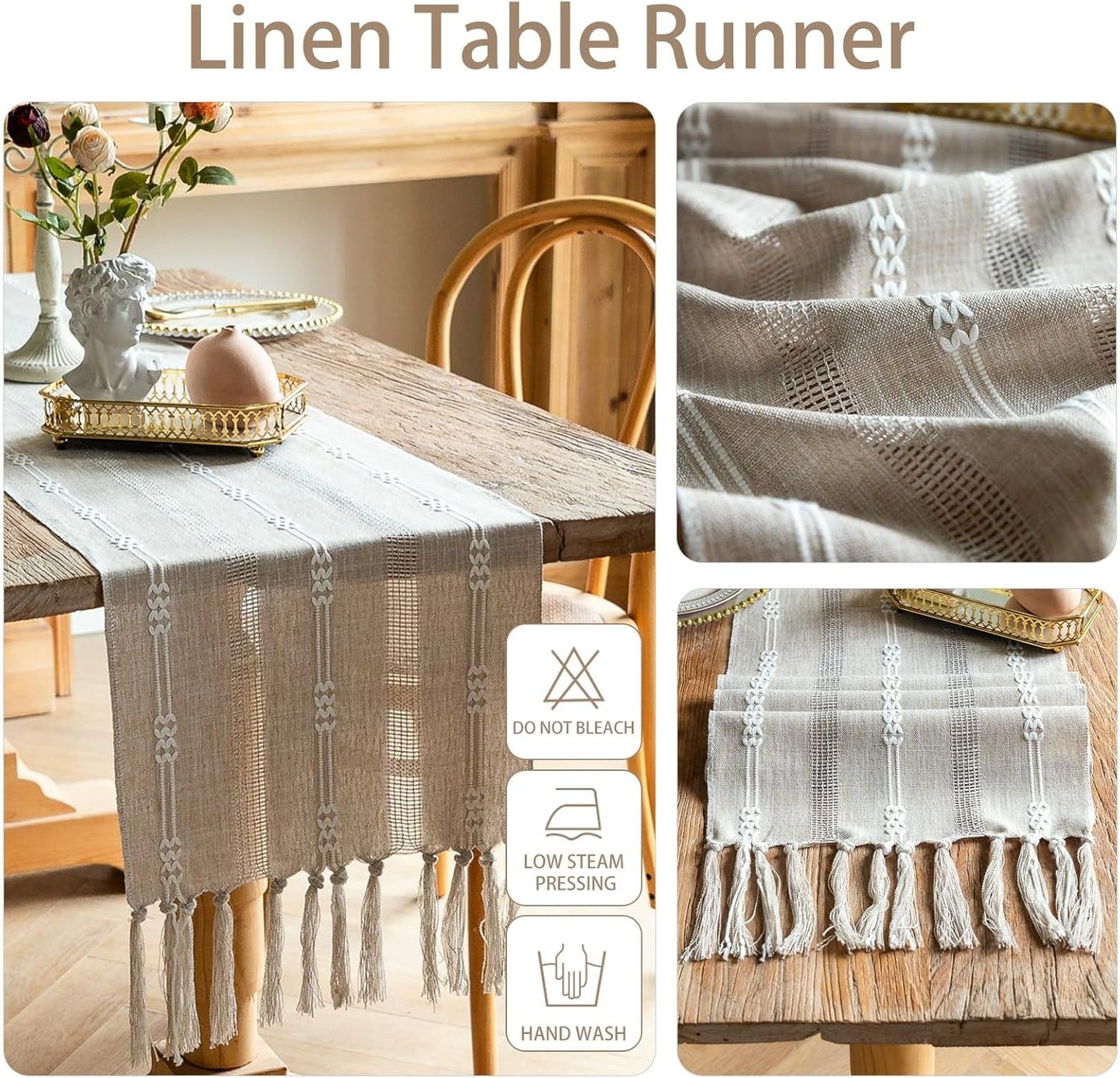 CyanCloud Grey Table Runner with Handmade Tassel Linen Hollow Embroidered Table Runners, 72 Inch Coffee Table Runner for Party Weddings Farmhouse Dining Table Cover Gorgeous Decor